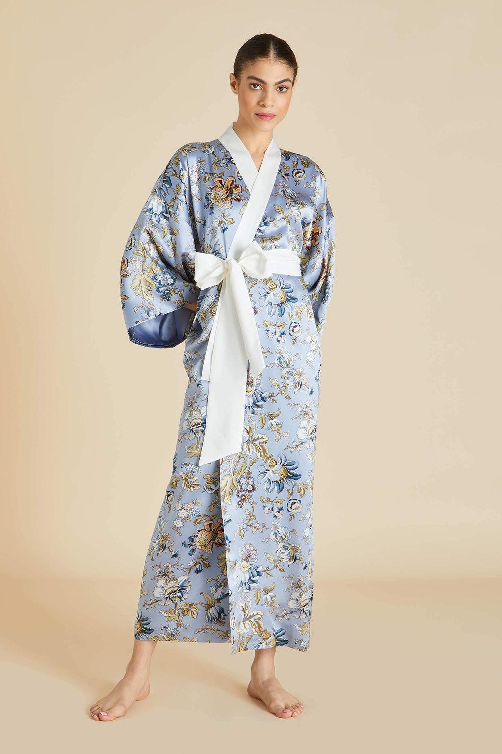 NEW Olivia von Halle Blue Floral Print Maxi Silk Dressing Gown Robe Kimono OS For Sale 7