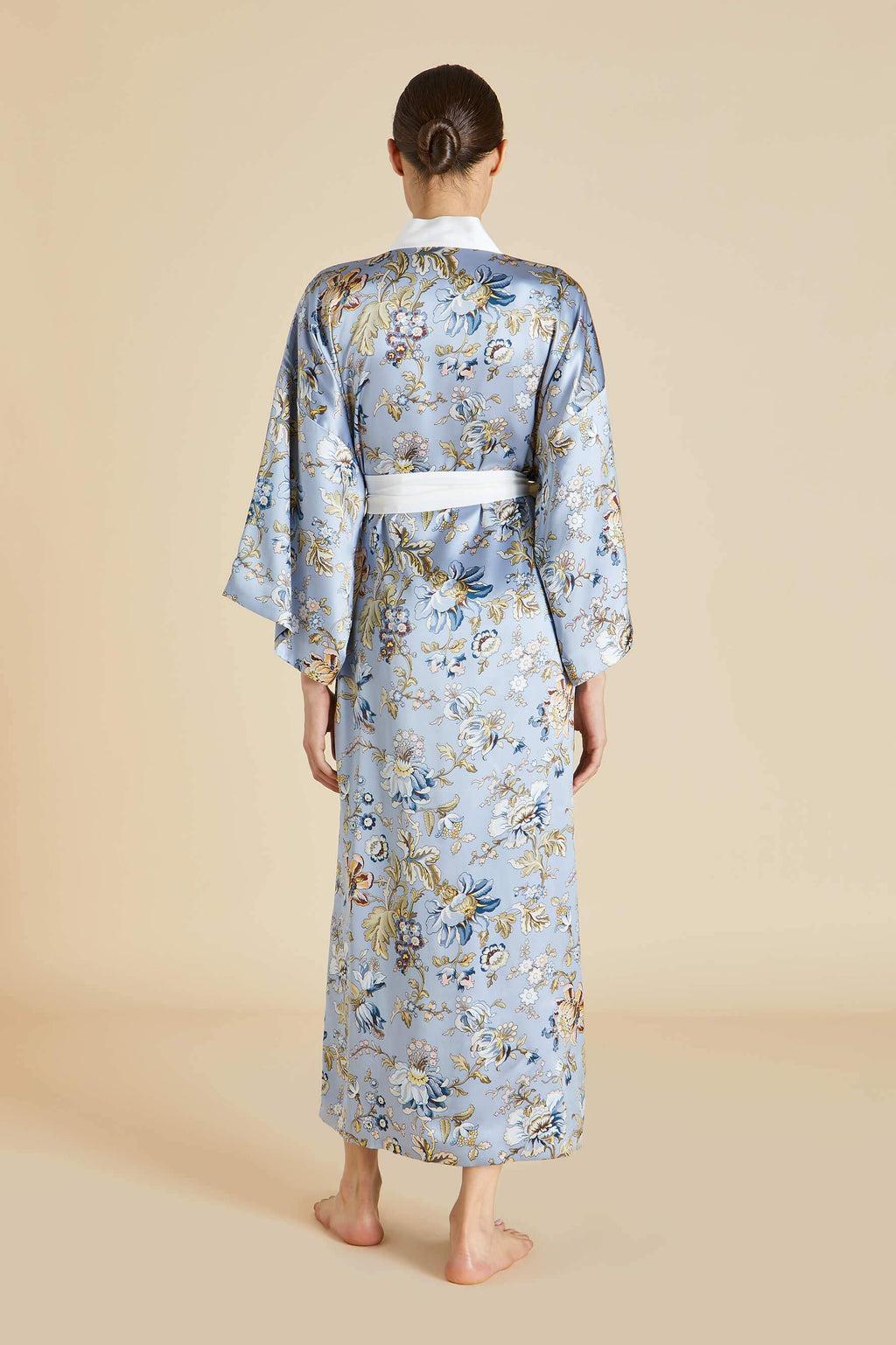 NEW Olivia von Halle Blue Floral Print Maxi Silk Dressing Gown Robe Kimono OS For Sale 8