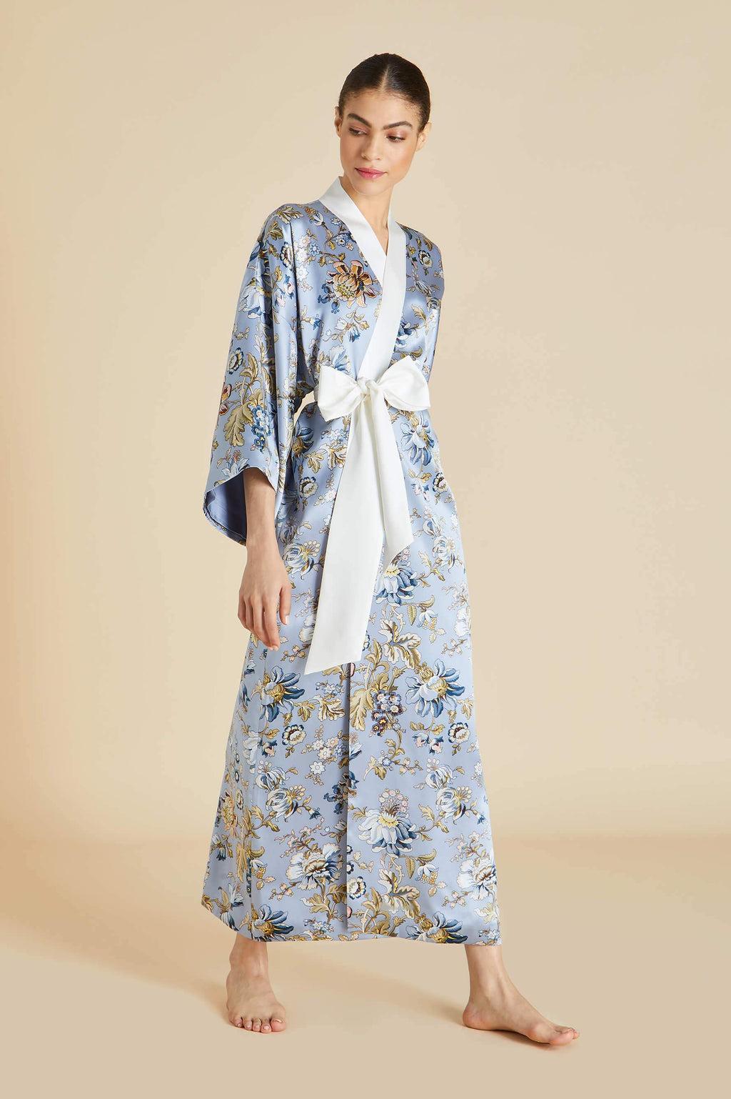 NEW Olivia von Halle Blue Floral Print Maxi Silk Dressing Gown Robe Kimono OS For Sale 9