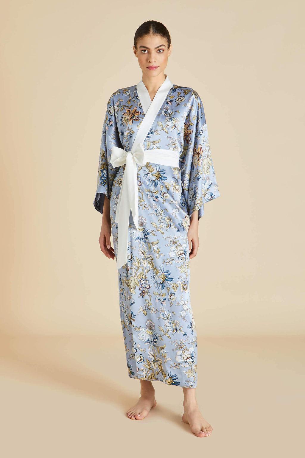 NEW Olivia von Halle Blue Floral Print Maxi Silk Dressing Gown Robe Kimono OS For Sale 10