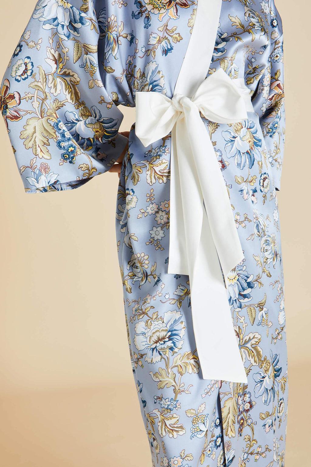 NEW Olivia von Halle Blue Floral Print Maxi Silk Dressing Gown Robe Kimono OS For Sale 11