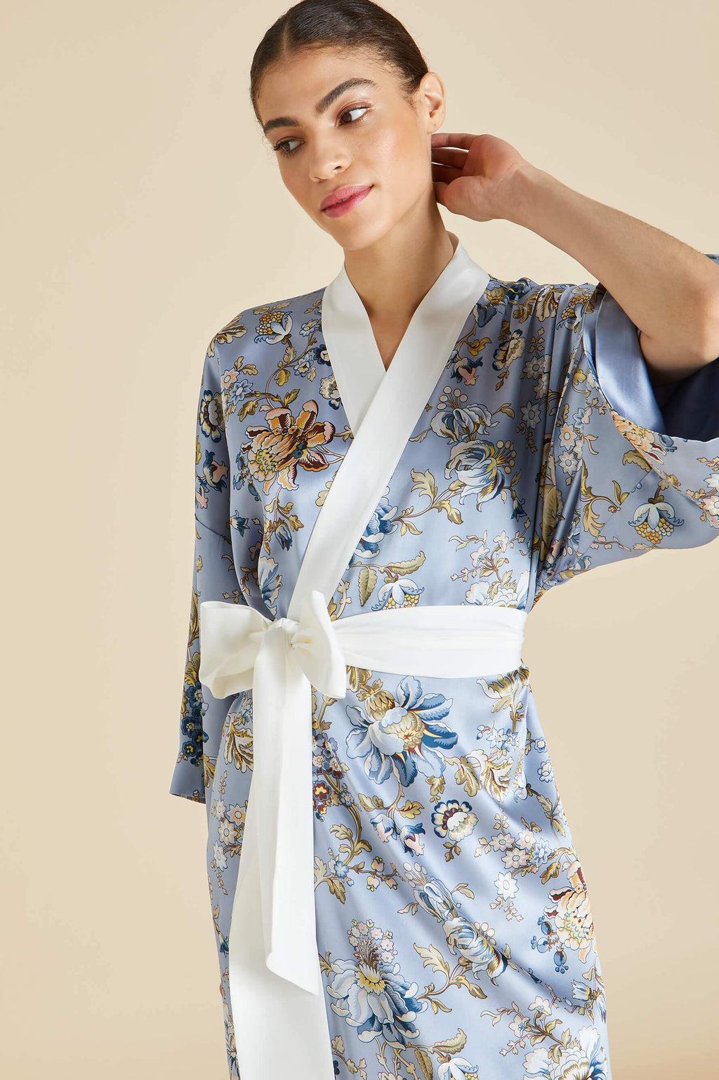 NEW Olivia von Halle Blue Floral Print Maxi Silk Dressing Gown Robe Kimono OS For Sale 12