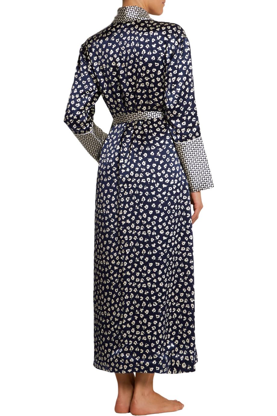 Nero NEW Olivia von Halle Timeless Navy & Floral Silk Print Dressing Gown Robe M/L in vendita