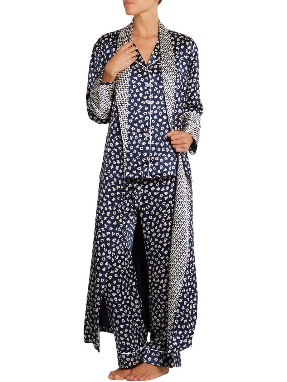 Donna NEW Olivia von Halle Timeless Navy & Floral Silk Print Dressing Gown Robe M/L in vendita