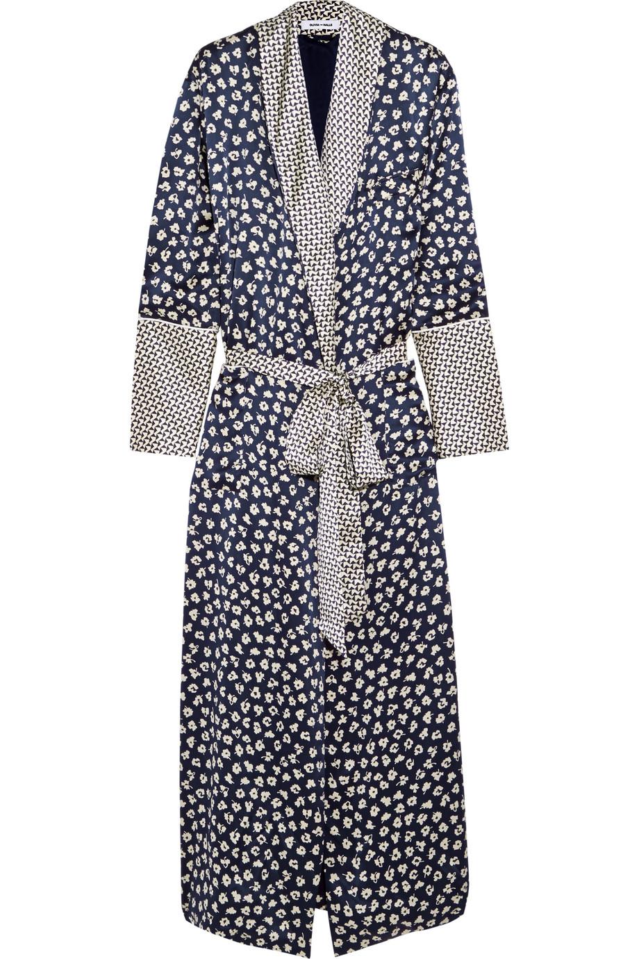 NEW Olivia von Halle Timeless Navy & Floral Silk Print Dressing Gown Robe M/L in vendita 1