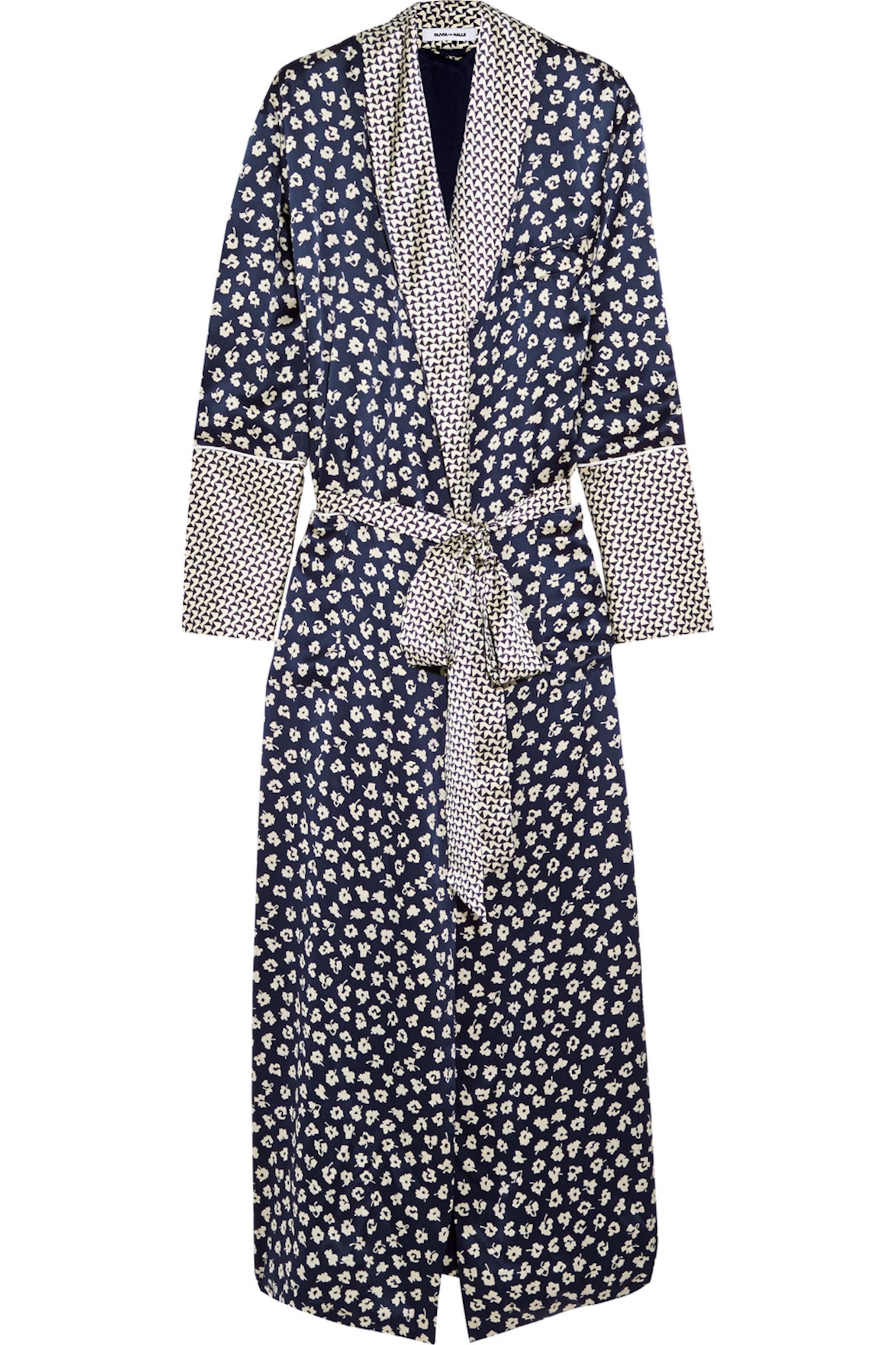 NEW Olivia von Halle Timeless Navy & Floral Silk Print Dressing Gown Robe M.L.A. in vendita 3