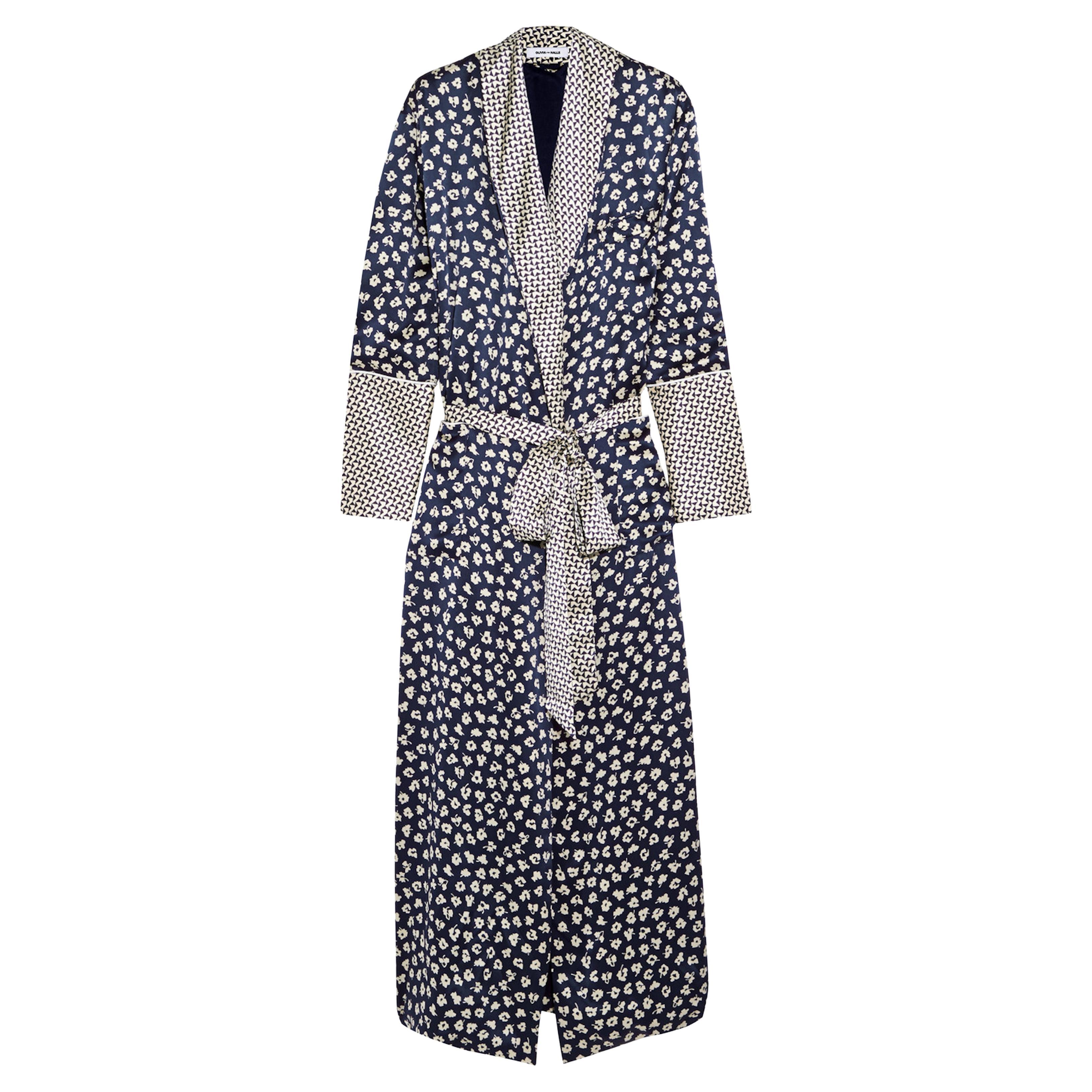 NEW Olivia von Halle Timeless Navy & Floral Silk Print Dressing Gown Robe M/L