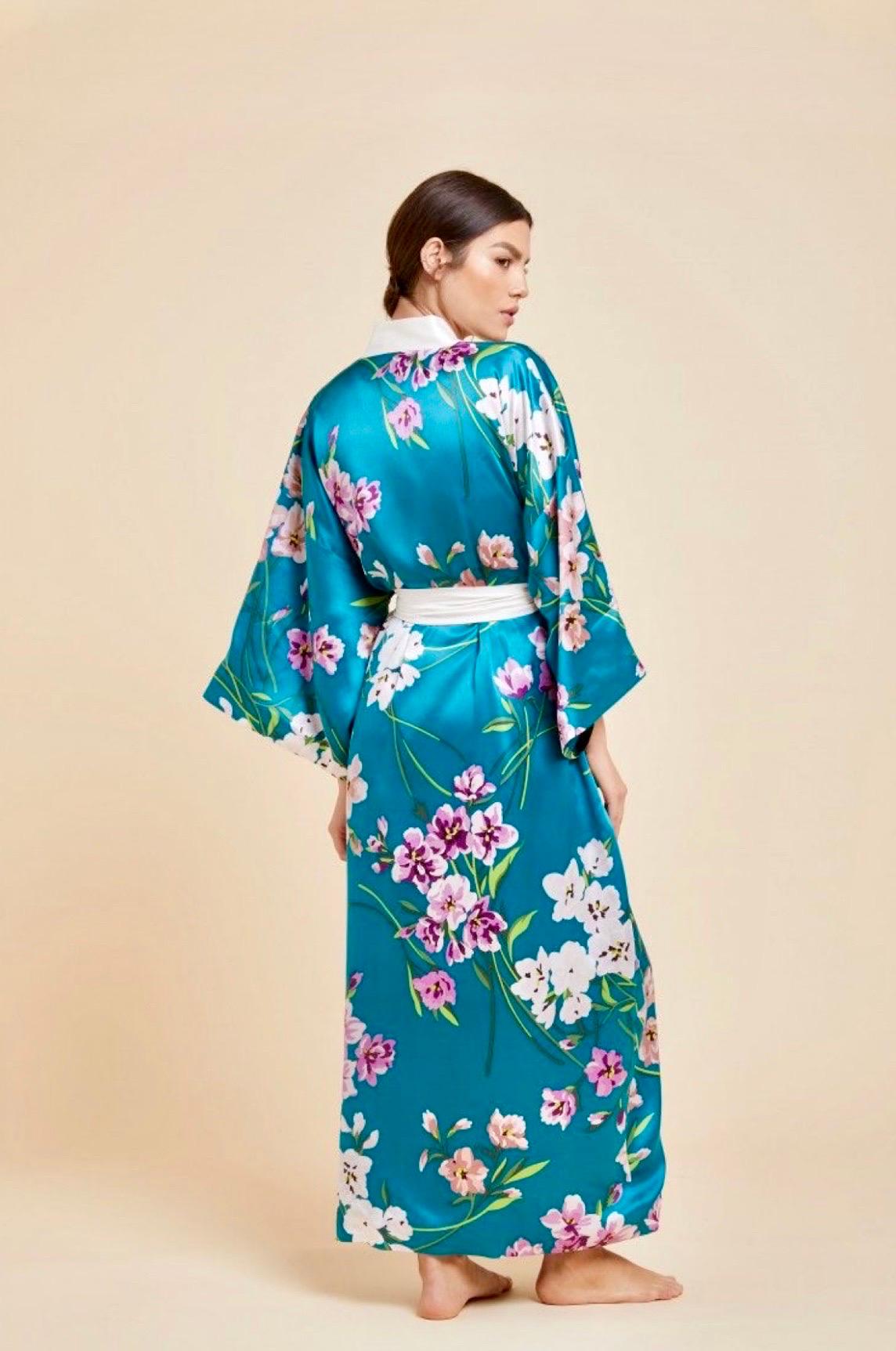 Women's NEW Olivia von Halle Turquoise Floral Print Silk Dressing Gown Kimono Robe OS For Sale