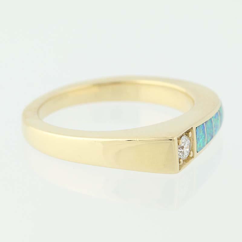 Round Cut Opal and Diamond Kabana Ring, 14 Karat Yellow Gold Contemporary Women's