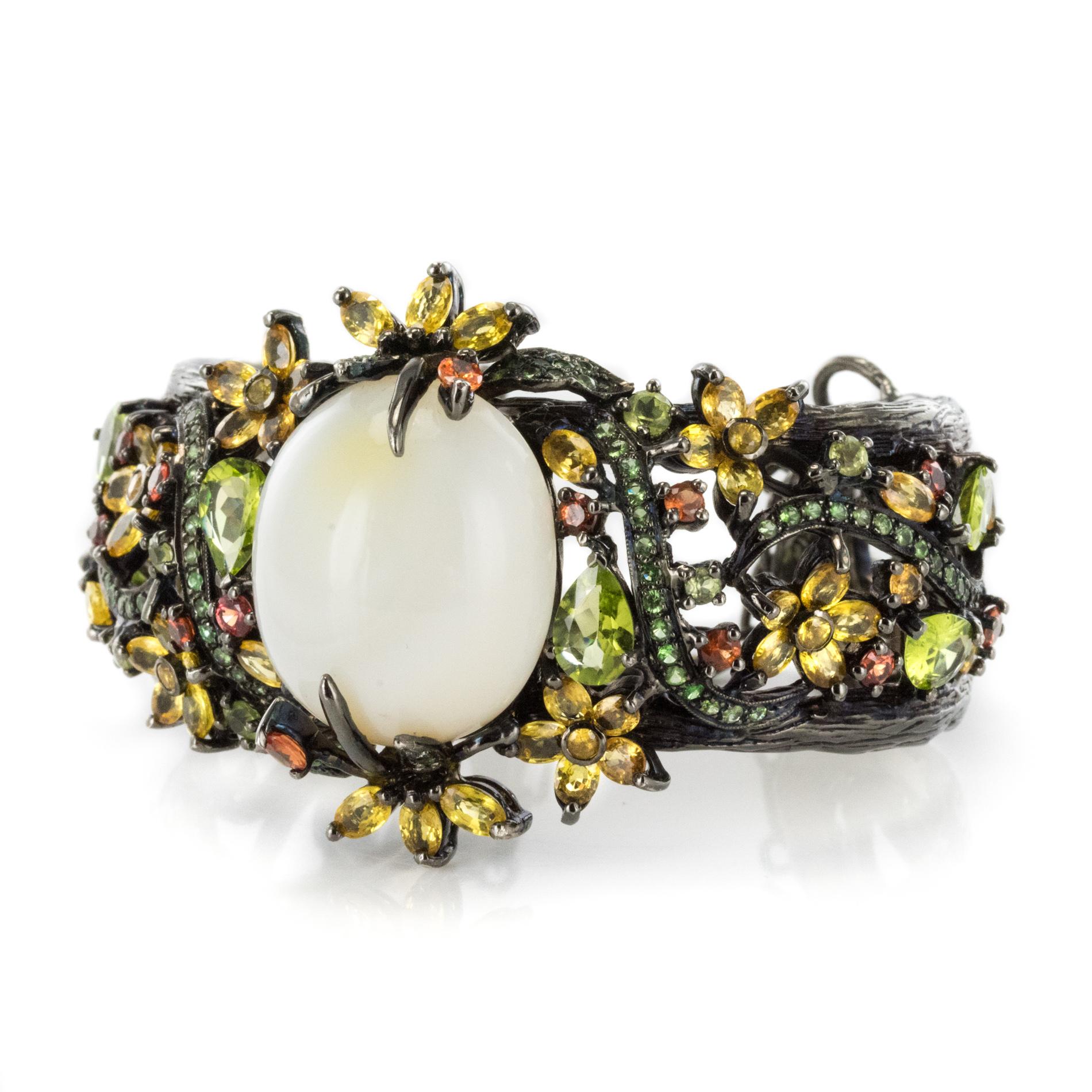 Modern New Opal Precious Stones on Black Rhodium Silver Cuff Bracelet