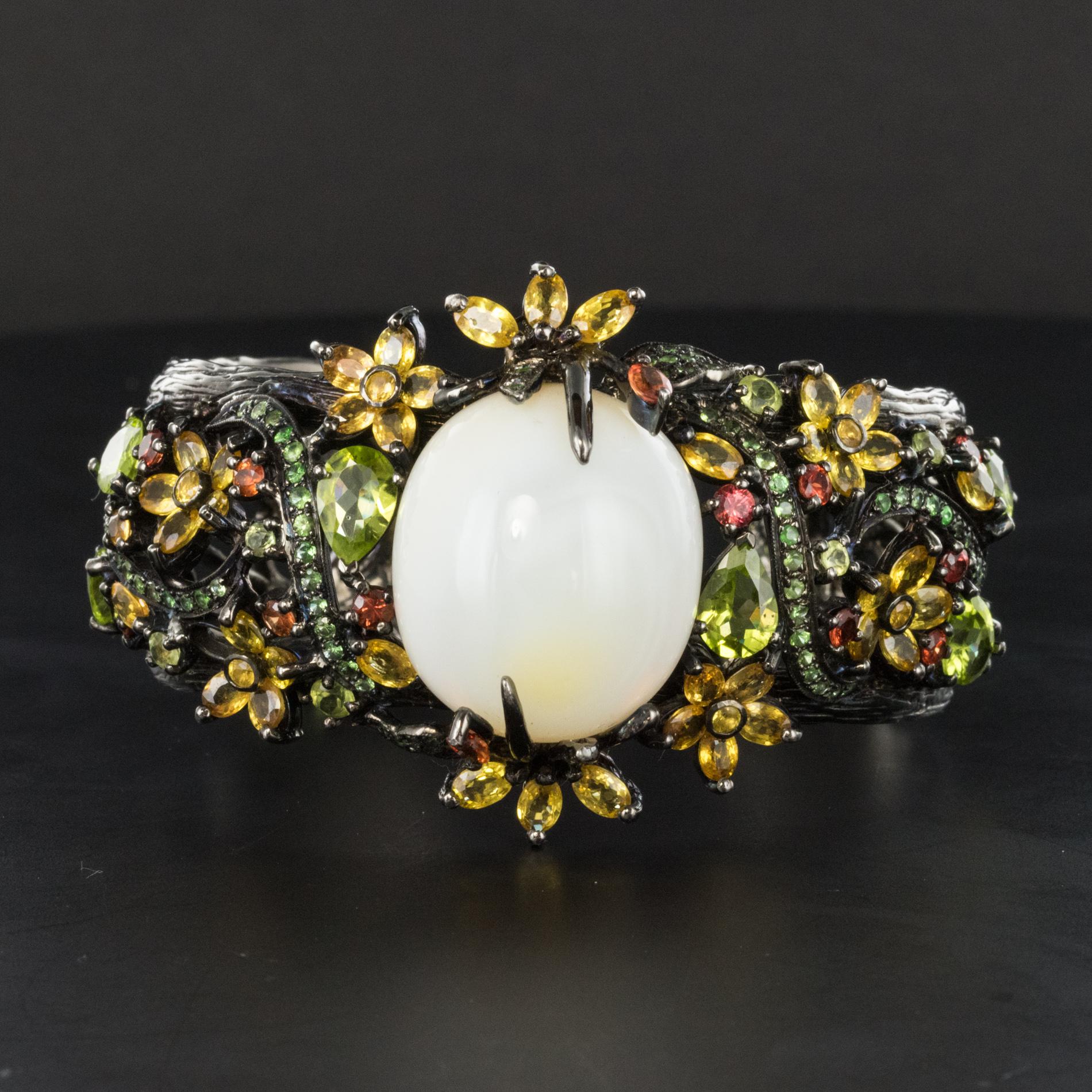 New Opal Precious Stones on Black Rhodium Silver Cuff Bracelet In New Condition In Poitiers, FR