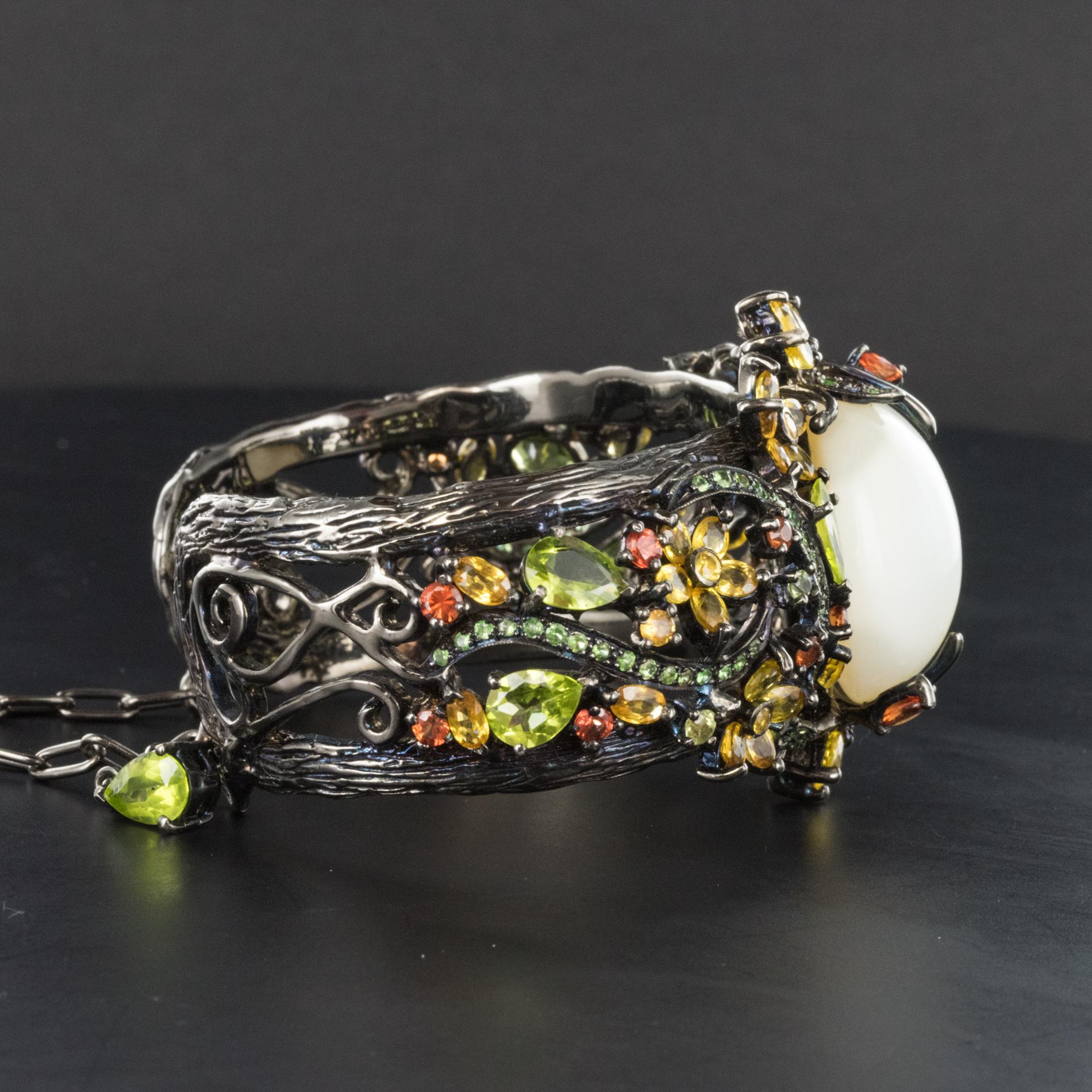 Women's New Opal Precious Stones on Black Rhodium Silver Cuff Bracelet