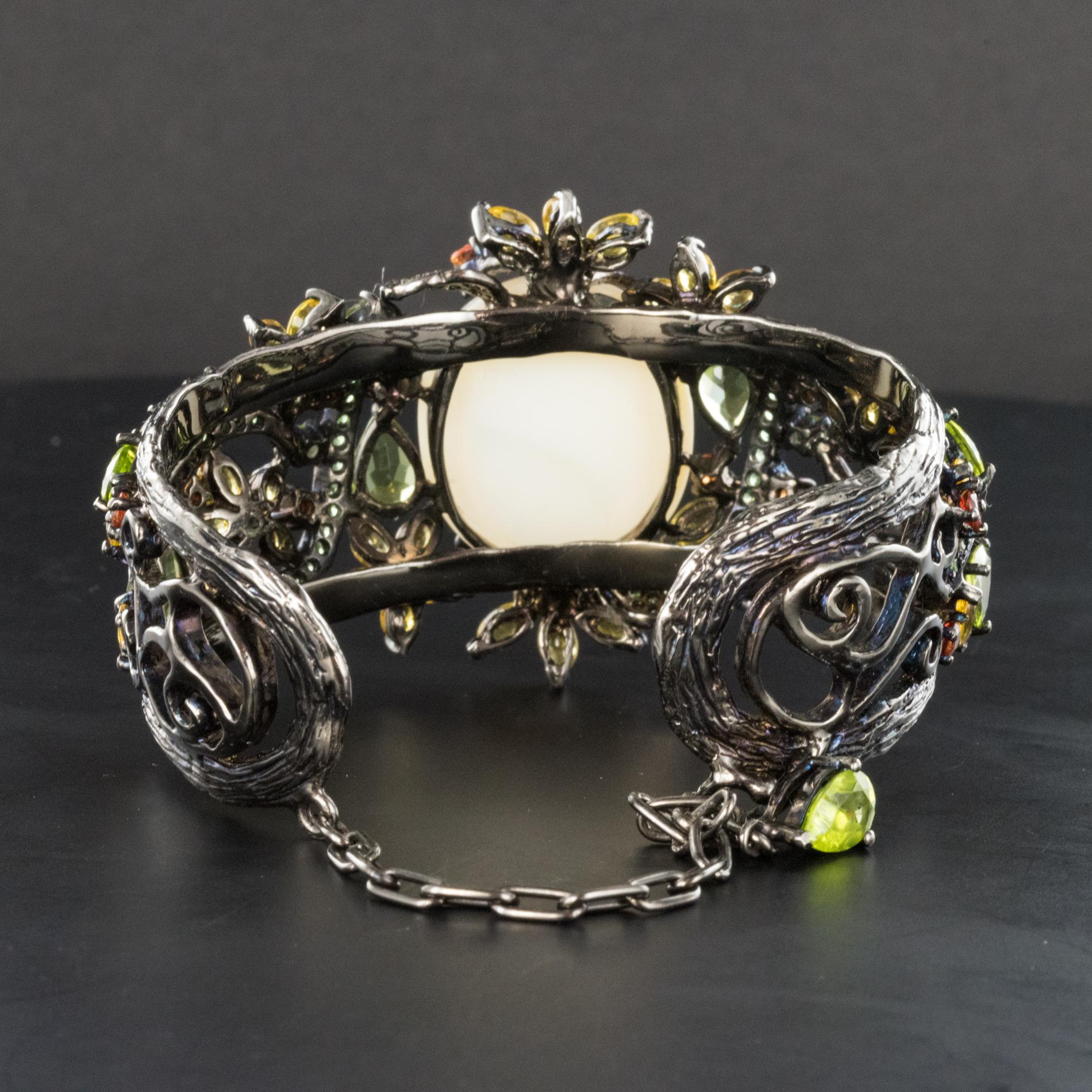 New Opal Precious Stones on Black Rhodium Silver Cuff Bracelet 1