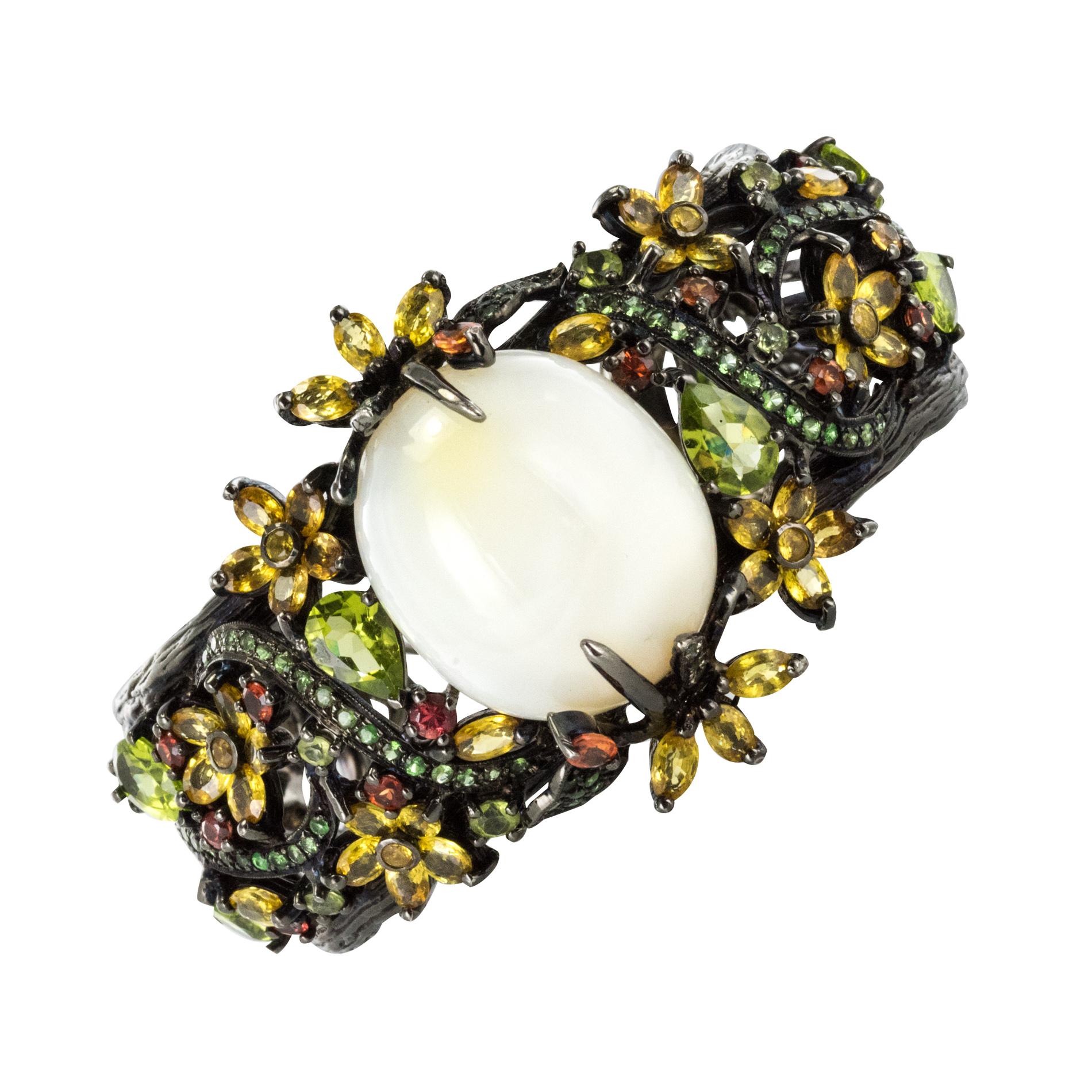 New Opal Precious Stones on Black Rhodium Silver Cuff Bracelet