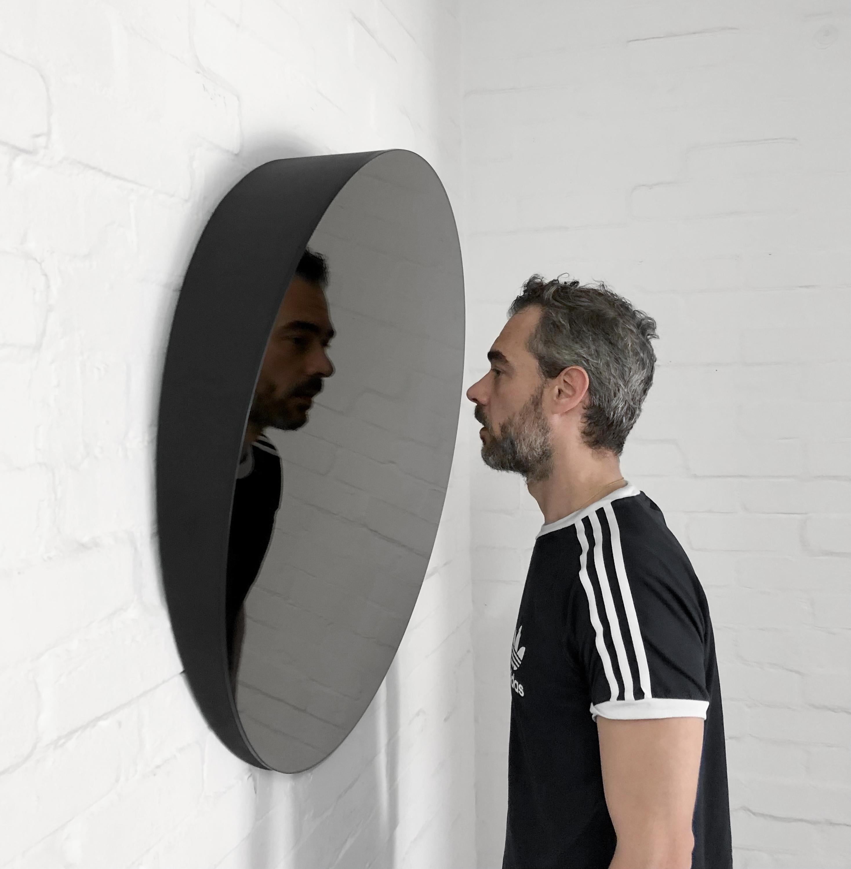 Contemporary Orbis Round Black Tilted Minimalist Accessible Mirror, Medium For Sale