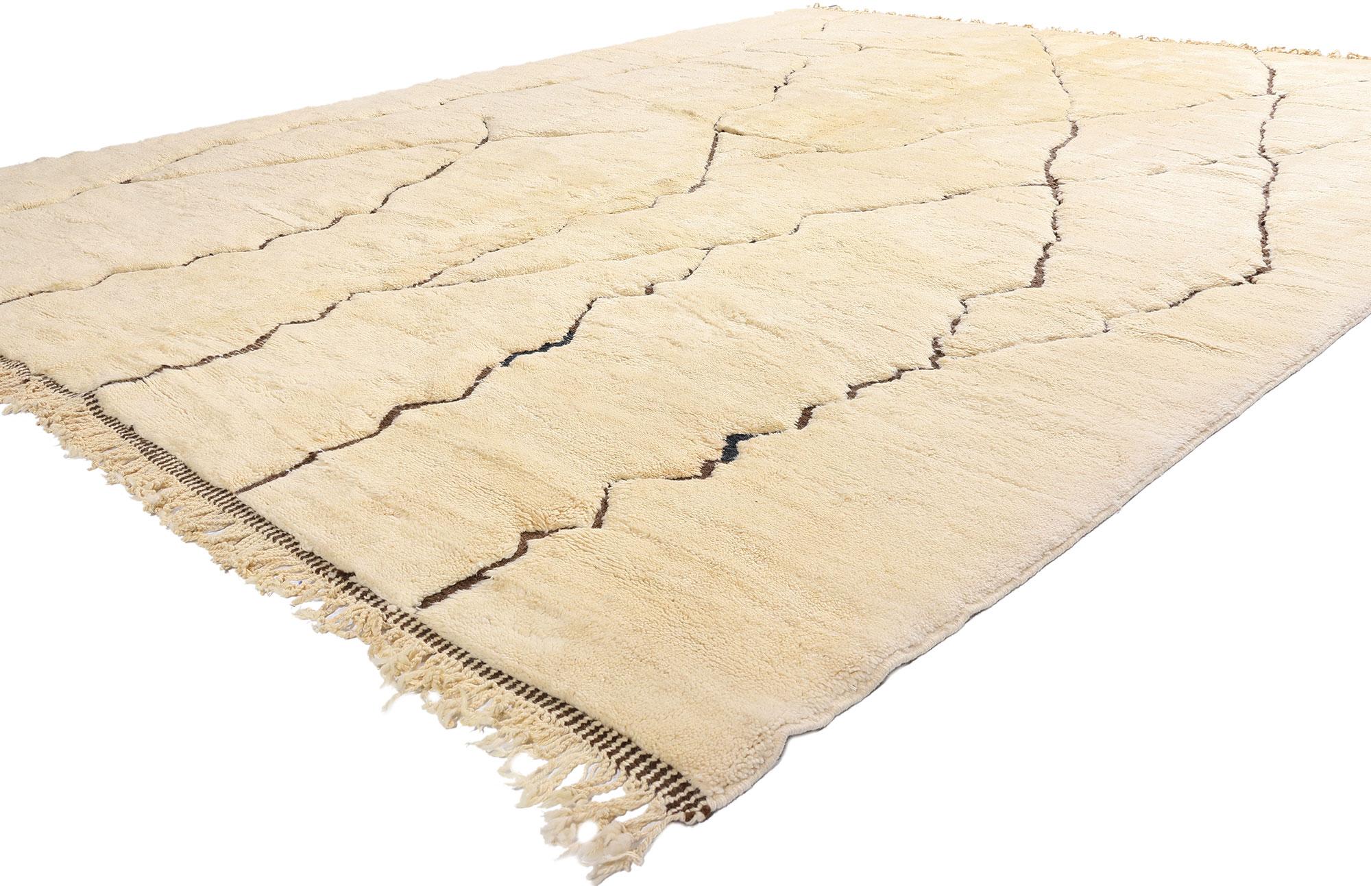 21644 Rare Organic Modern Beni Mrirt Moroccan Rug, 10'01 x 13'02. An exquisite convergence of organic minimalism and cultural reverence, this hand-knotted wool Beni Mrirt Moroccan rug is a true celebration of mastery, materiality, and meaning. Woven