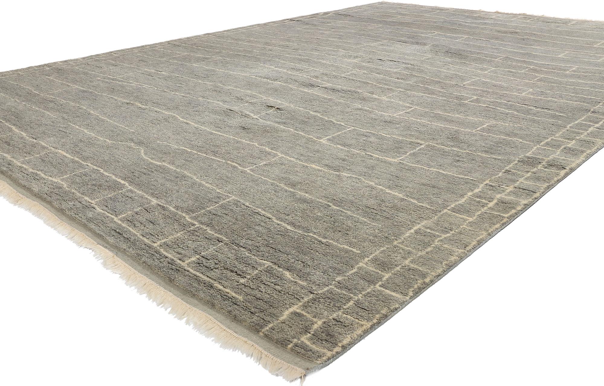 31303 Modern Gray Bauhaus Moroccan Rug, 10'02 x 14'06. Introducing the hand-knotted wool Modern Gray Bauhaus Moroccan rug, a striking piece that seamlessly merges the minimalist aesthetic of Bauhaus design with the rich cultural heritage of Moroccan