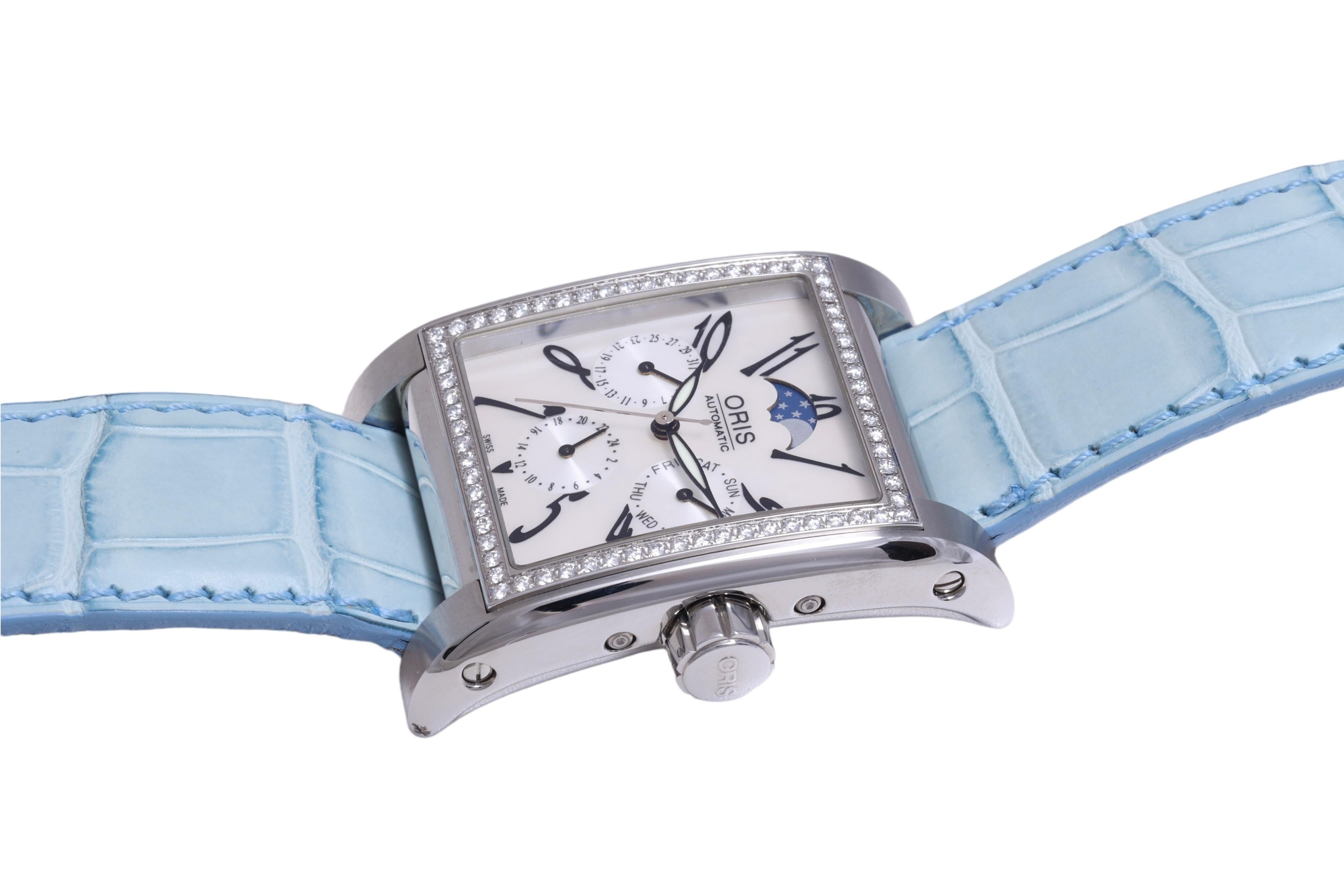 Oris, montre automatique rectangulaire Miles Complication Moonphase Diamond Watch en vente 6