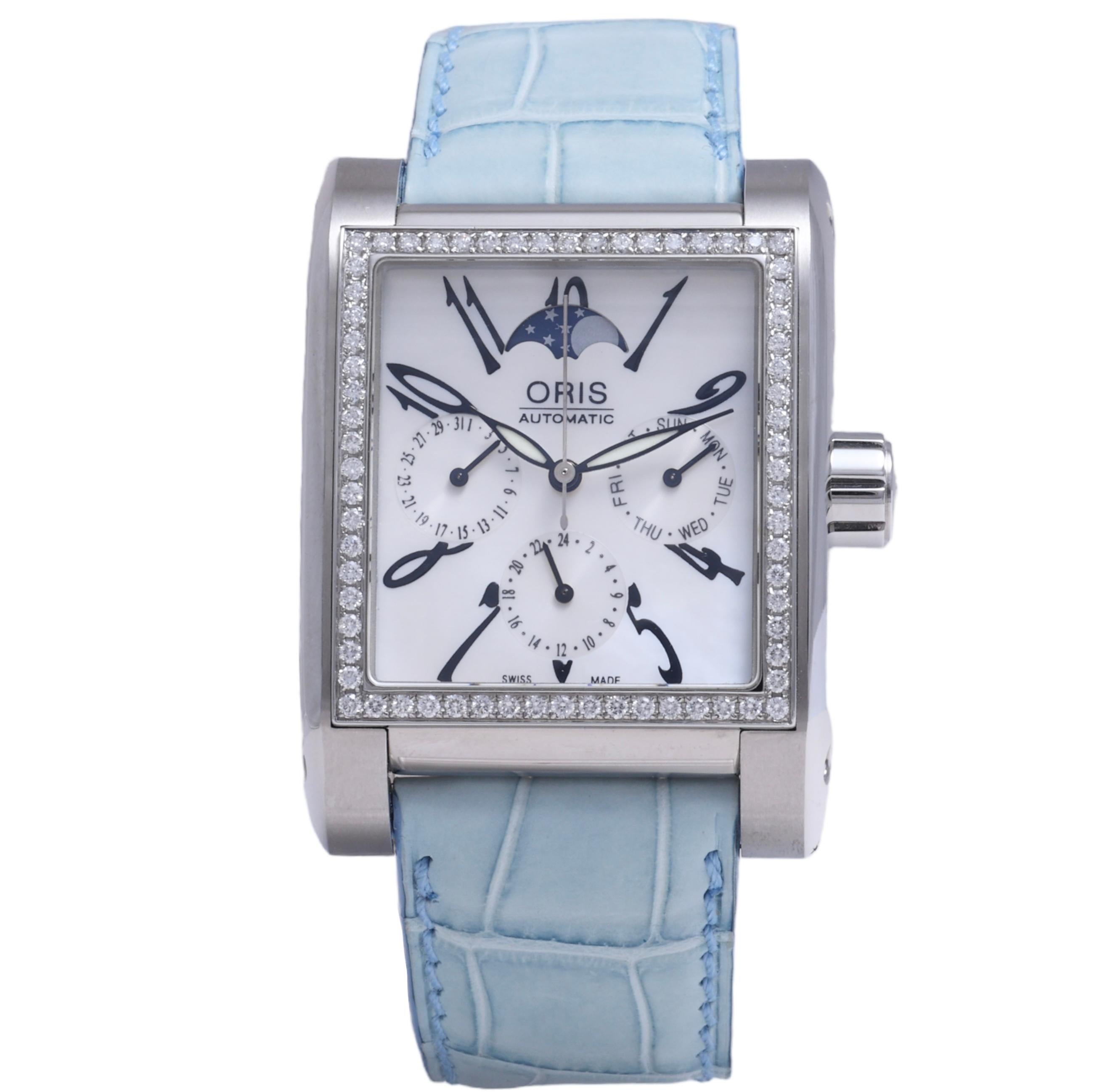 Oris, montre automatique rectangulaire Miles Complication Moonphase Diamond Watch en vente 9