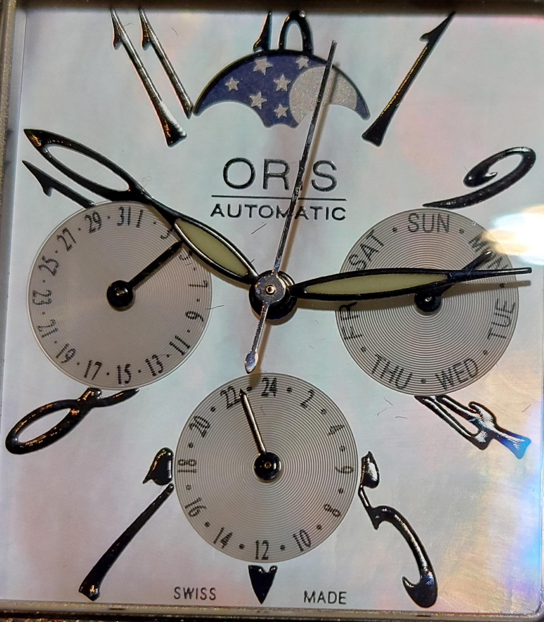New Oris Automatic Rectangular Miles Complication Moonphase Diamond Watch For Sale 7
