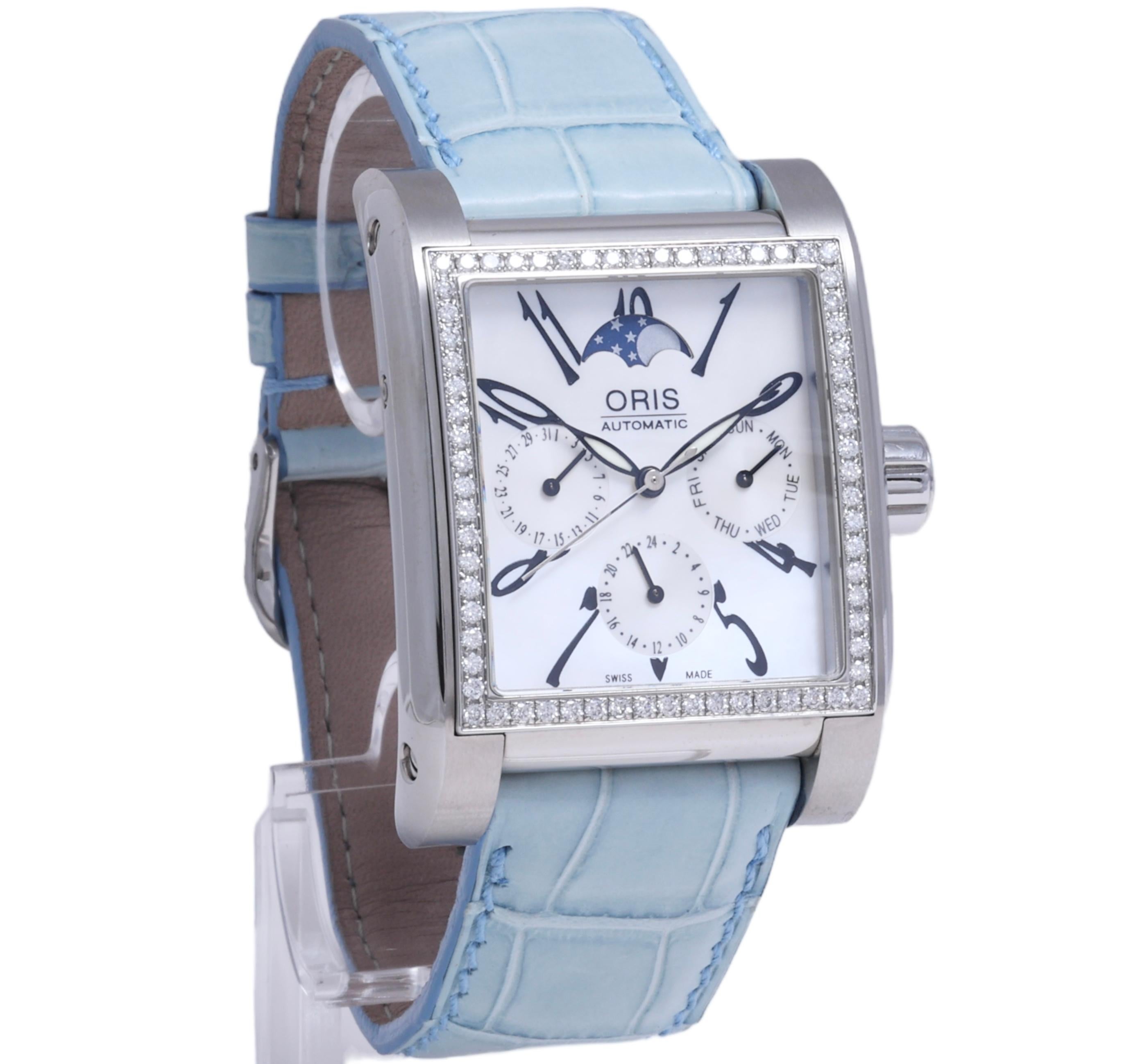 Moderne Oris, montre automatique rectangulaire Miles Complication Moonphase Diamond Watch en vente