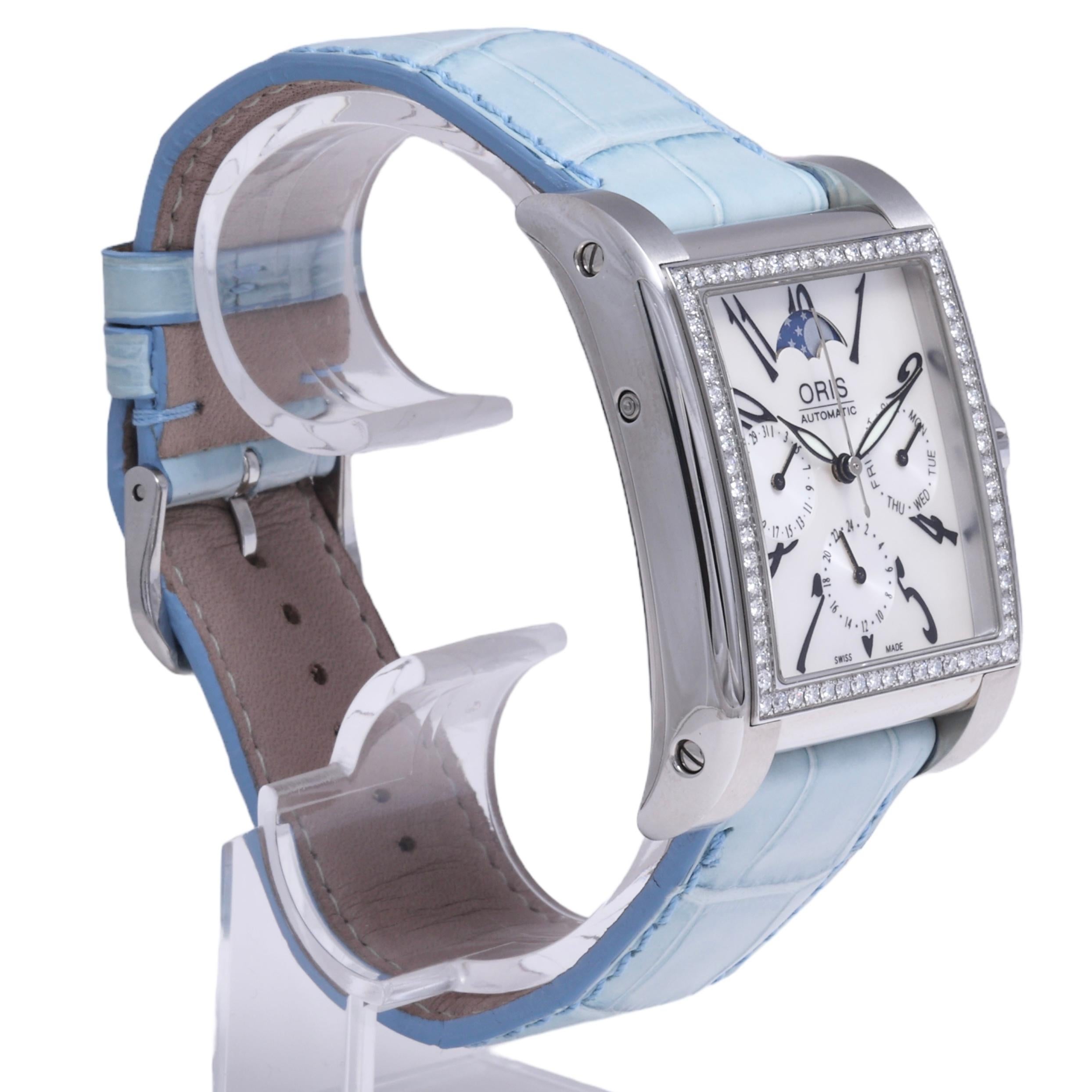 Taille brillant Oris, montre automatique rectangulaire Miles Complication Moonphase Diamond Watch en vente