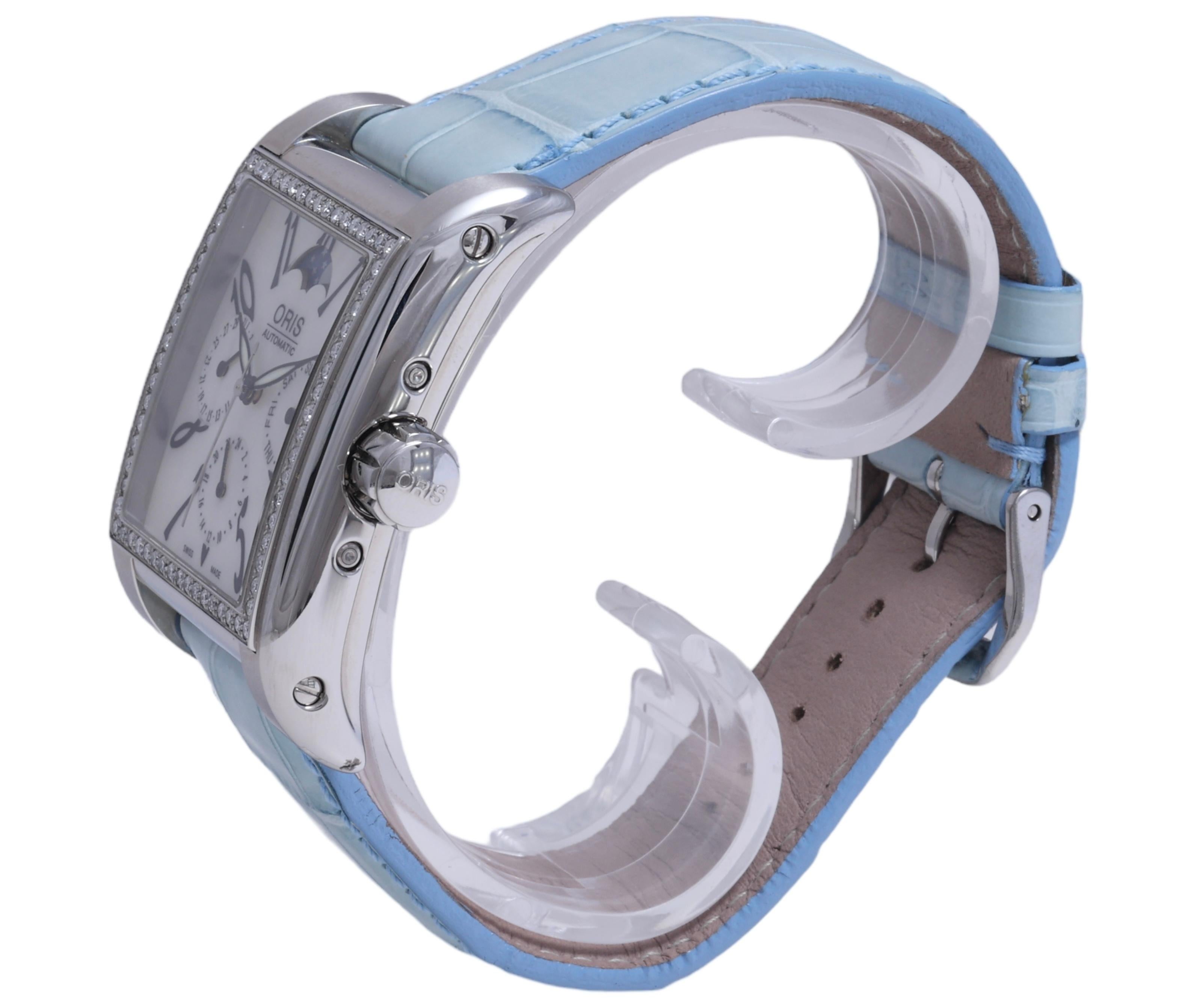 Oris, montre automatique rectangulaire Miles Complication Moonphase Diamond Watch Unisexe en vente