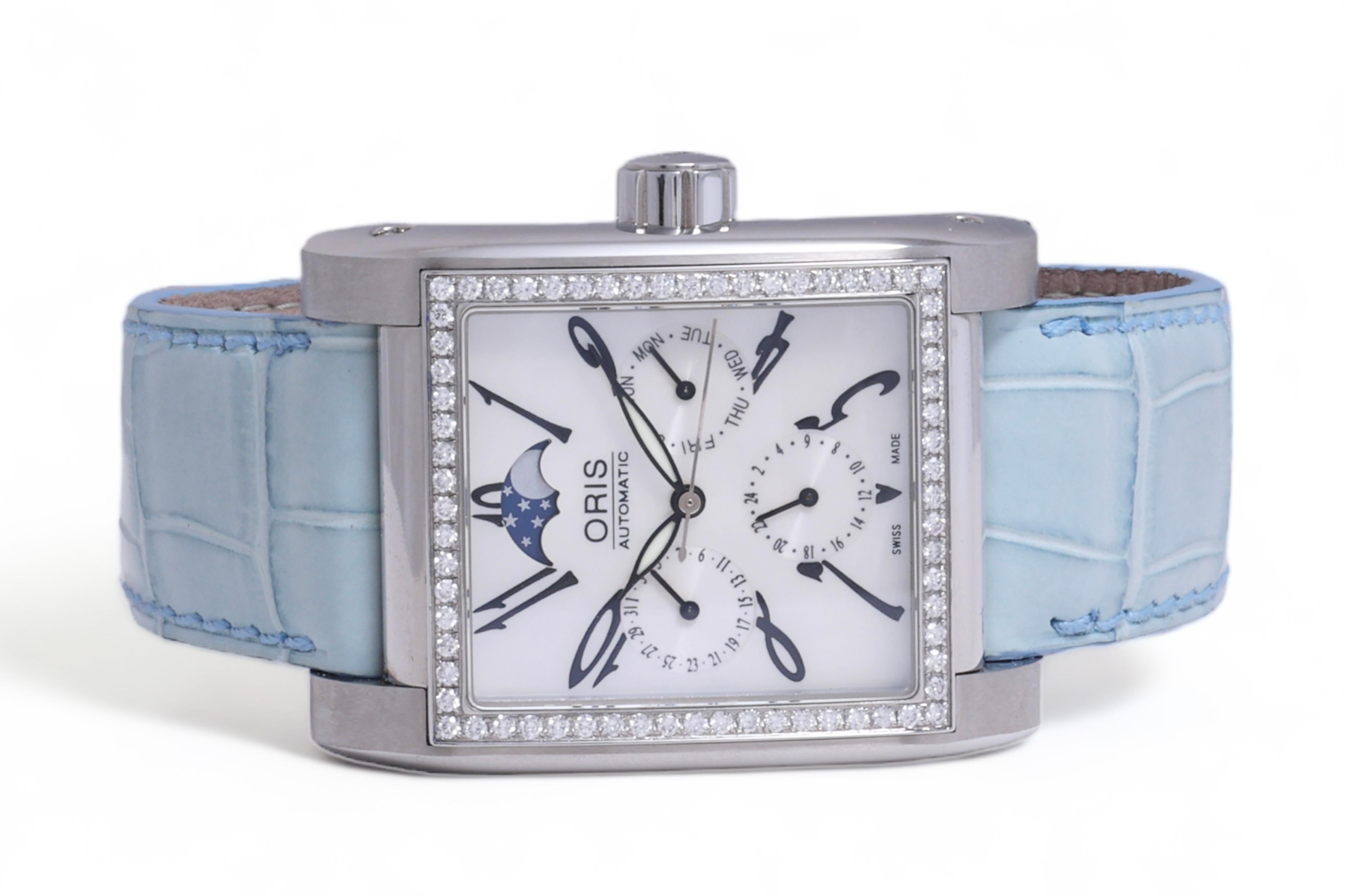 Oris, montre automatique rectangulaire Miles Complication Moonphase Diamond Watch en vente 1
