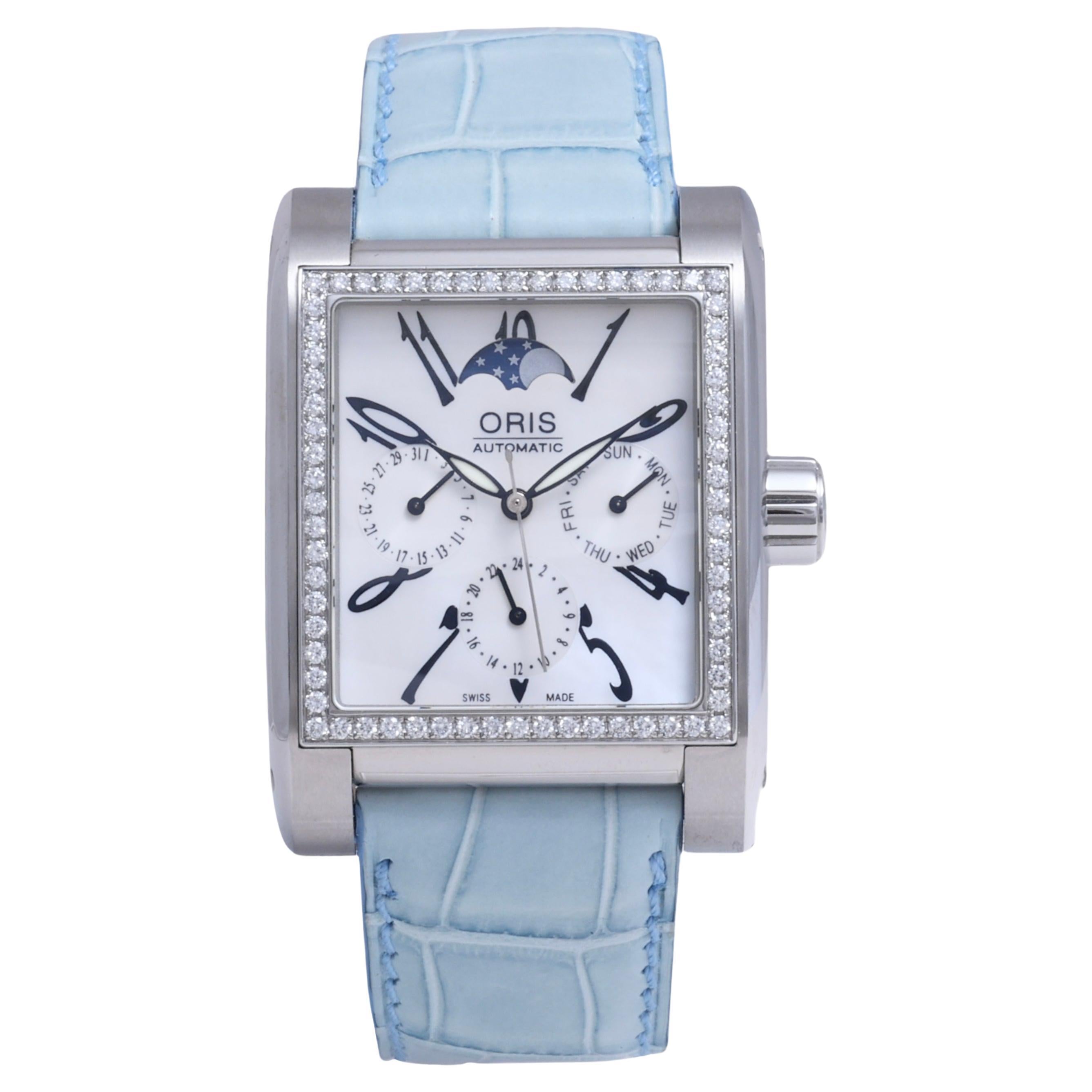 Oris, montre automatique rectangulaire Miles Complication Moonphase Diamond Watch en vente
