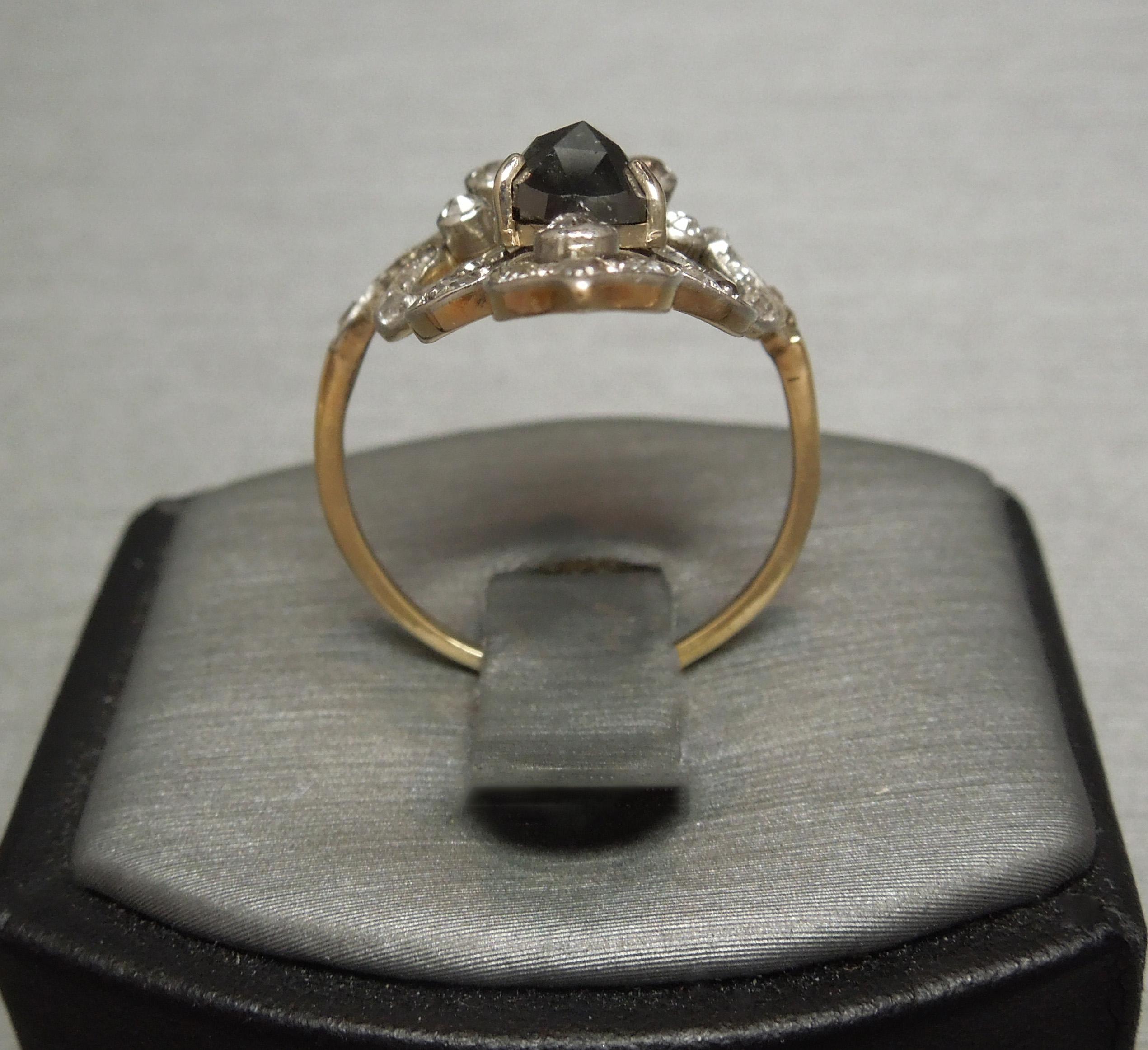 Pear Cut New Orleans Fleur de Lis Black and White Diamond Tiara Ring For Sale