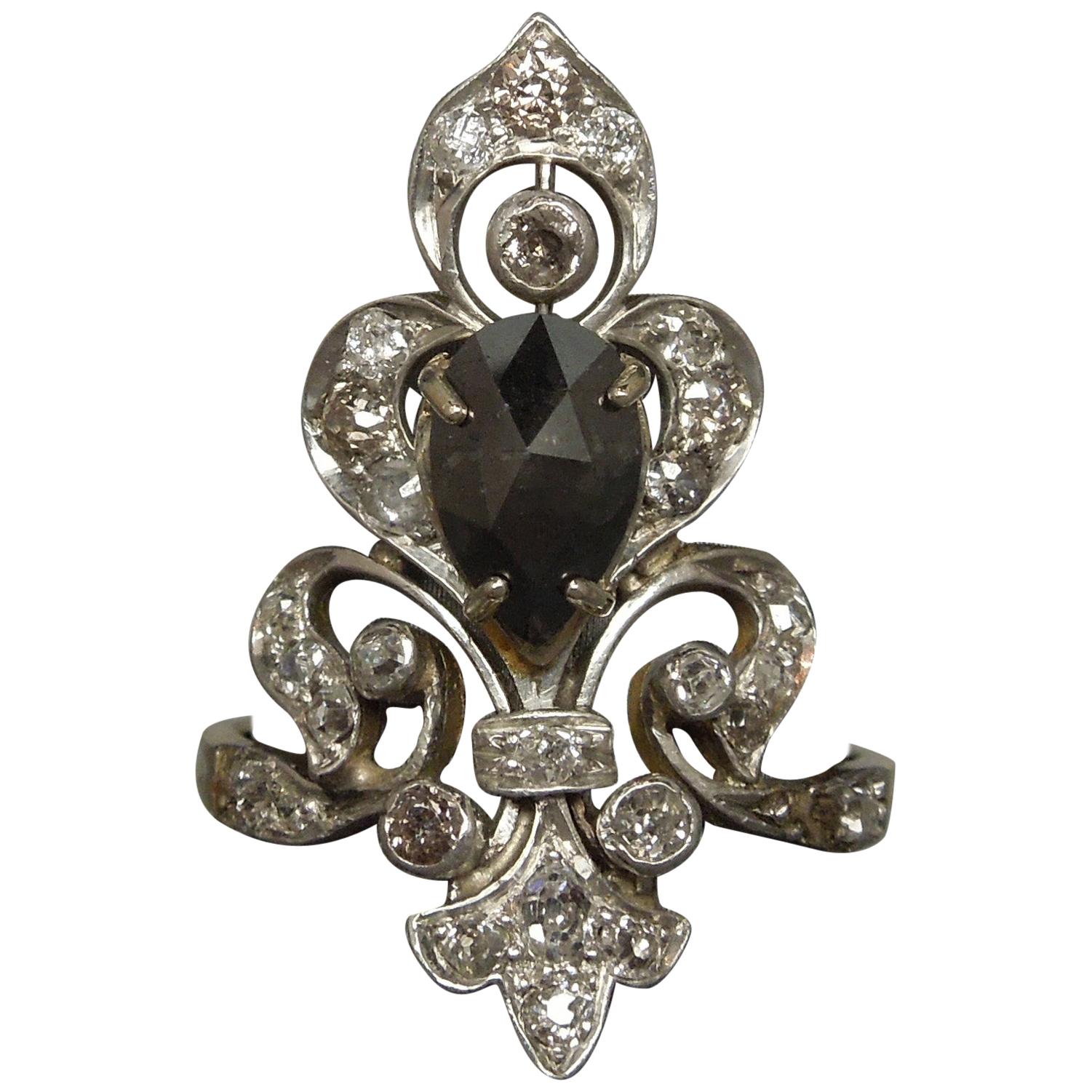 New Orleans Fleur de Lis Black and White Diamond Tiara Ring For Sale