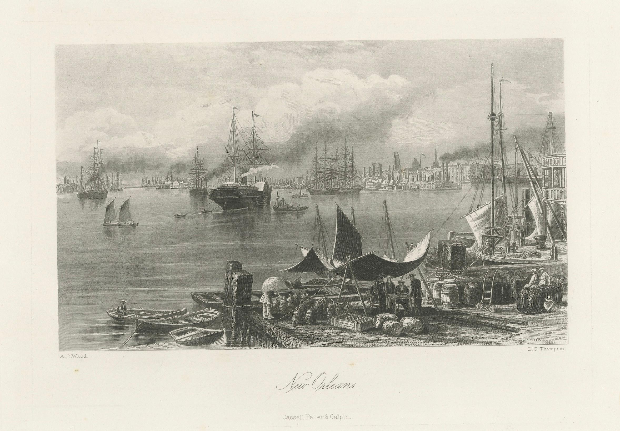 New Orleans Harbor, Mississippi River Shipping and Steamers – Engraving ca.1850