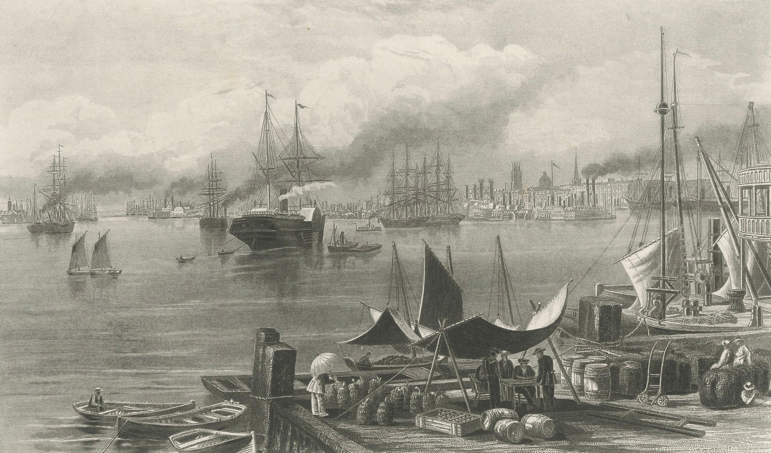 New Orleans Harbor, Mississippi River Shipping and Steamers – Engraving ca.1850