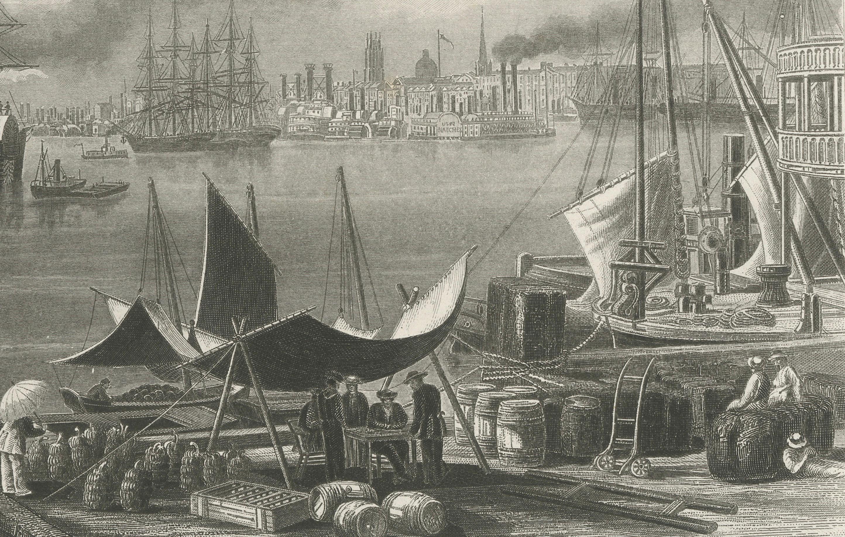 New Orleans Harbor, Mississippi River Shipping and Steamers – Engraving ca.1850