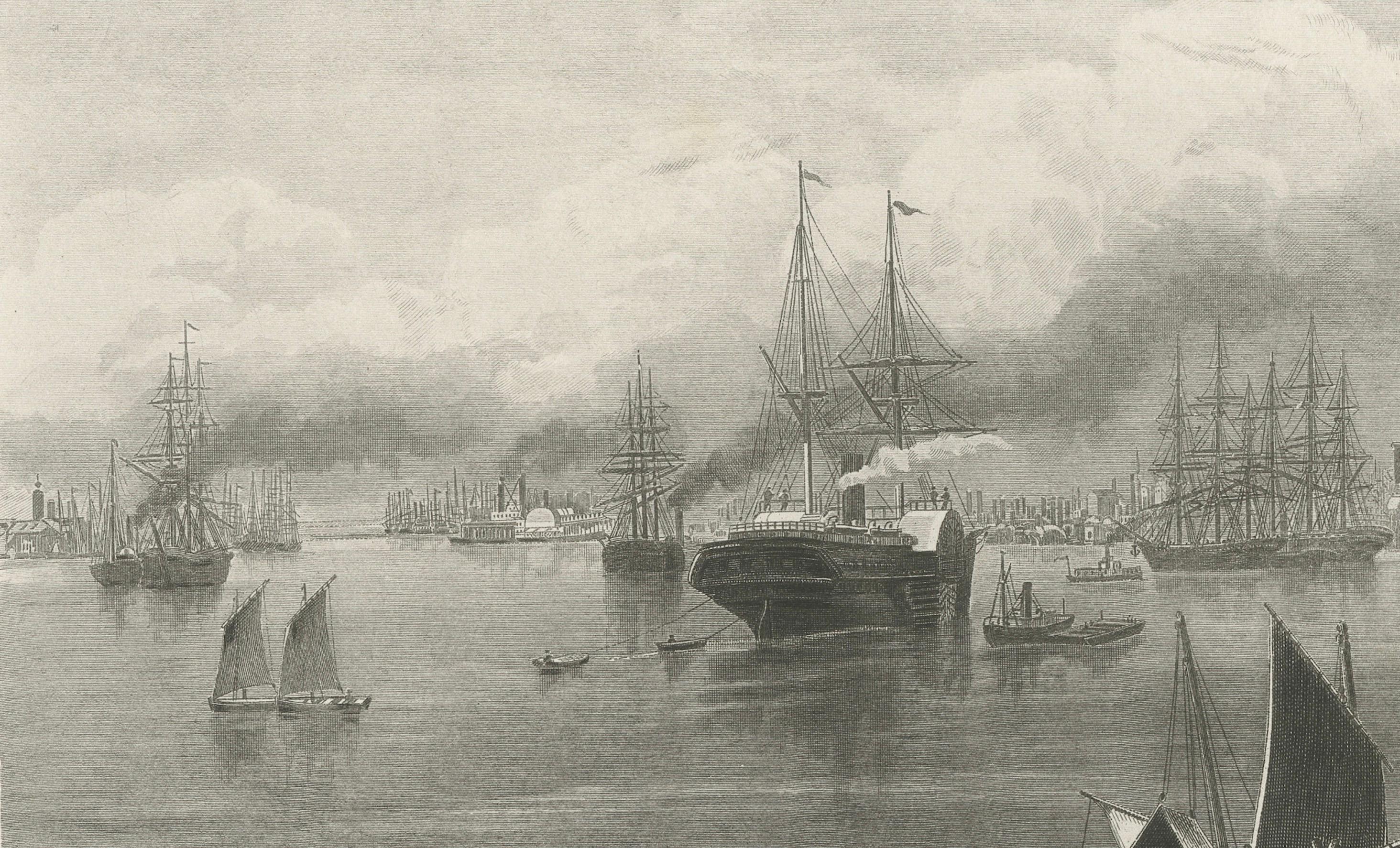 New Orleans Harbor, Mississippi River Shipping and Steamers – Engraving ca.1850