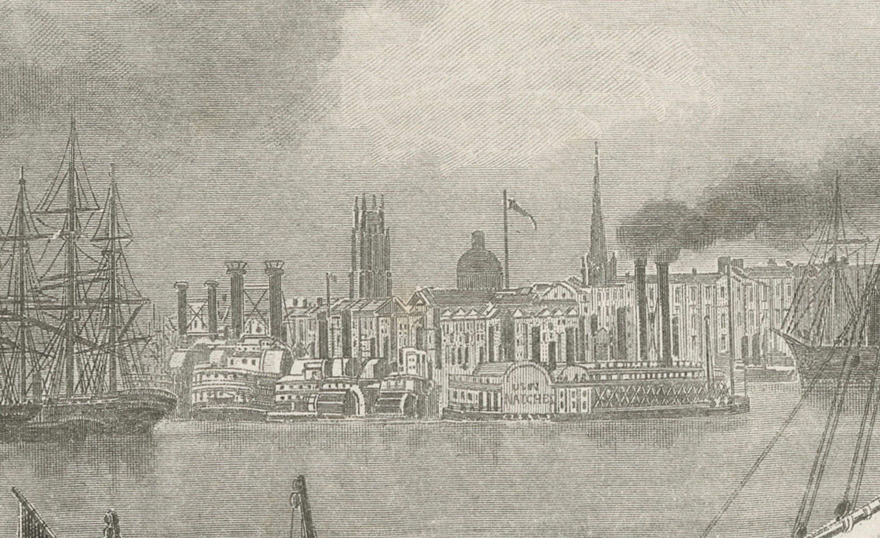 New Orleans Harbor, Mississippi River Shipping and Steamers – Engraving ca.1850