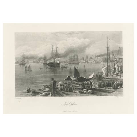 New Orleans Harbor, Mississippi River Shipping and Steamers – Engraving ca.1850