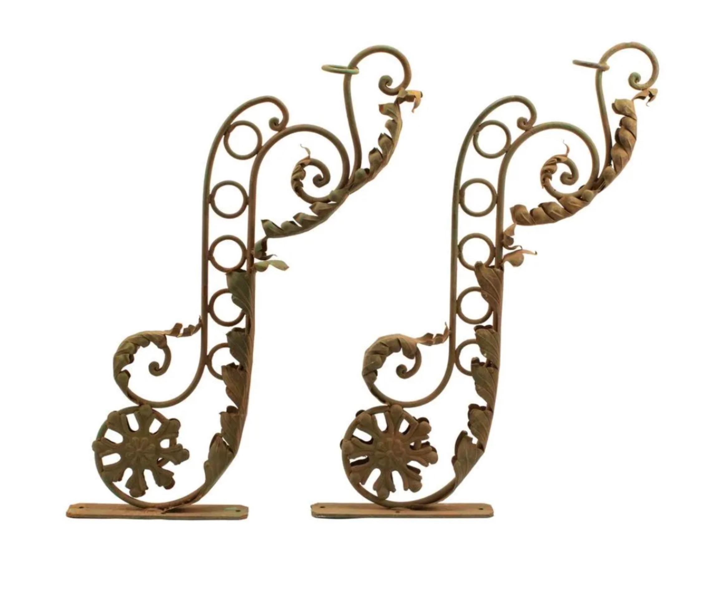 19th Century New Orleans Wrought Iron Foliate Scroll Sign Brackets - a Pair For Sale