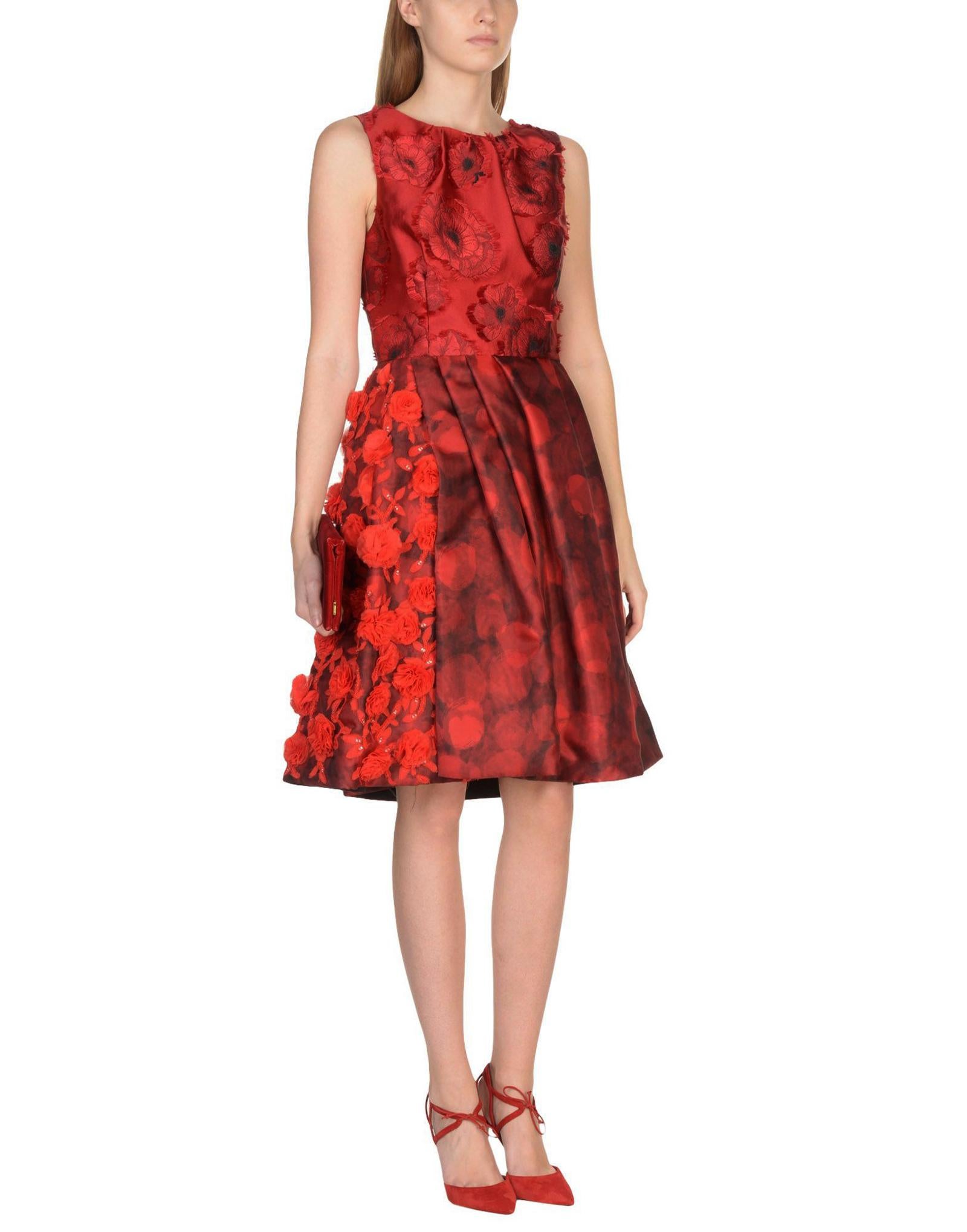 Red New Oscar De La Renta  3-D Floral Jewel Embellished and Embroidered Dress US 8