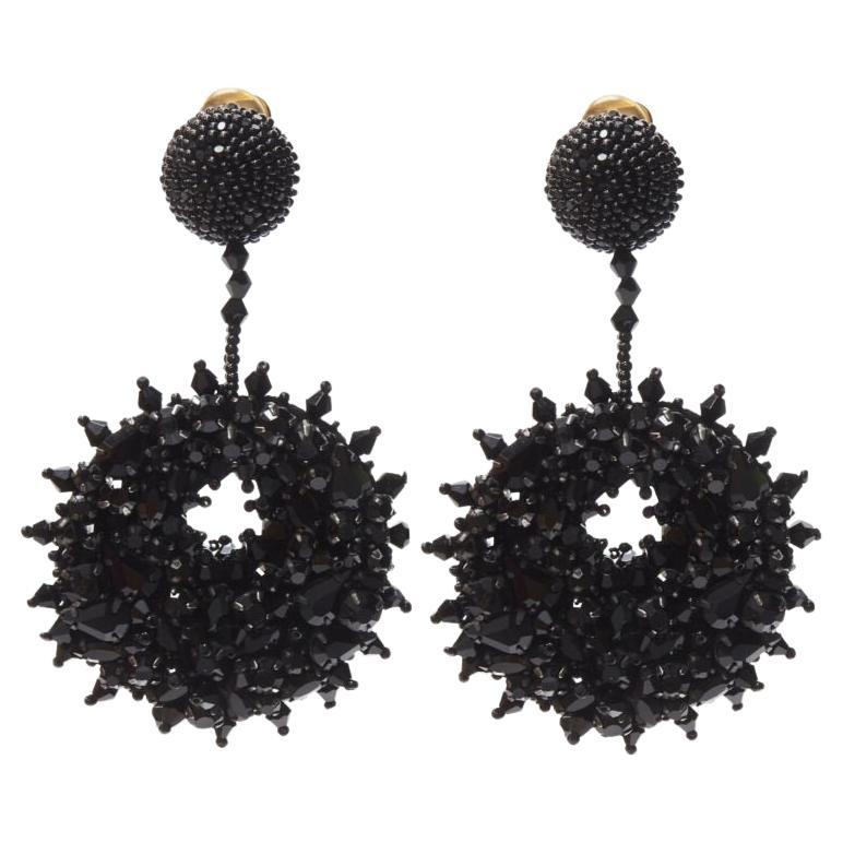 new OSCAR DE LA RENTA Bold Disc black bead embellished statement clip on earring For Sale