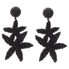 new OSCAR DE LA RENTA Double Starfish black beaded statement clip on earrings