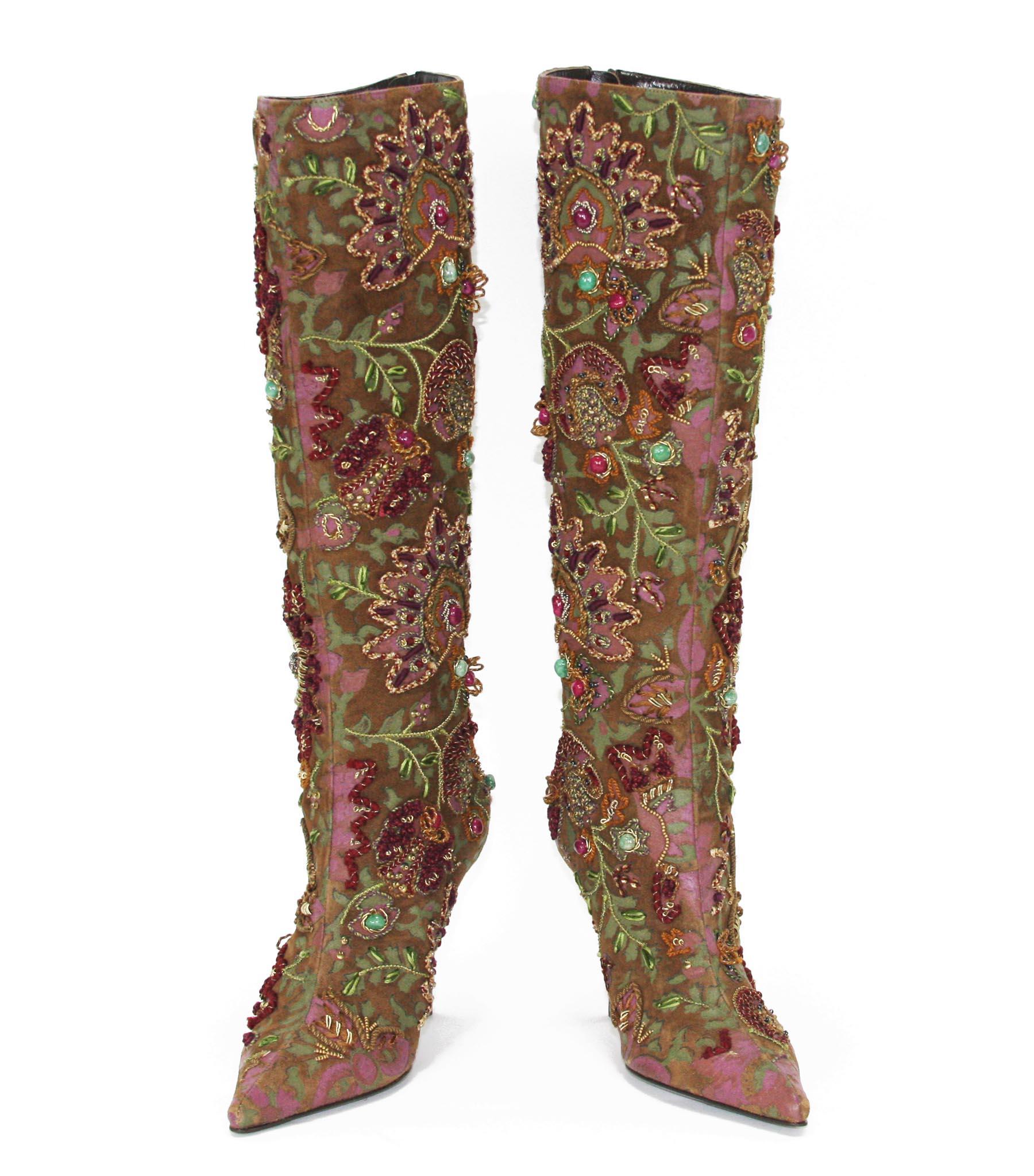 De las mujeres Nuevo Oscar De La Renta F/W 2004 Botas bordadas pintadas a mano 36.6 - US 6.5