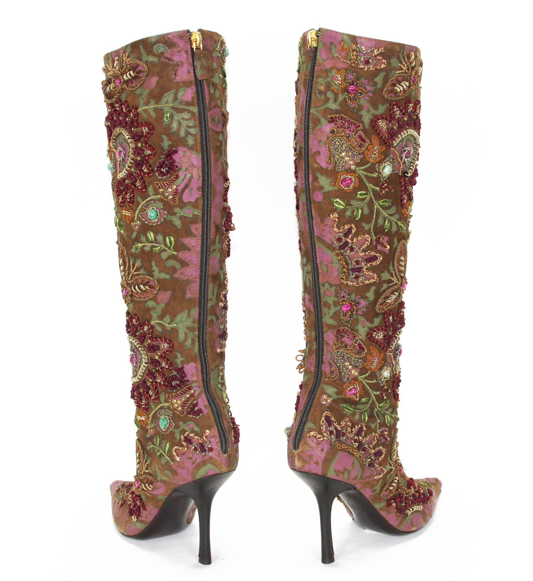 Brown New Oscar De La Renta F/W 2004 Hand Painted Embroidered Boots 36.6 - US 6.5 For Sale