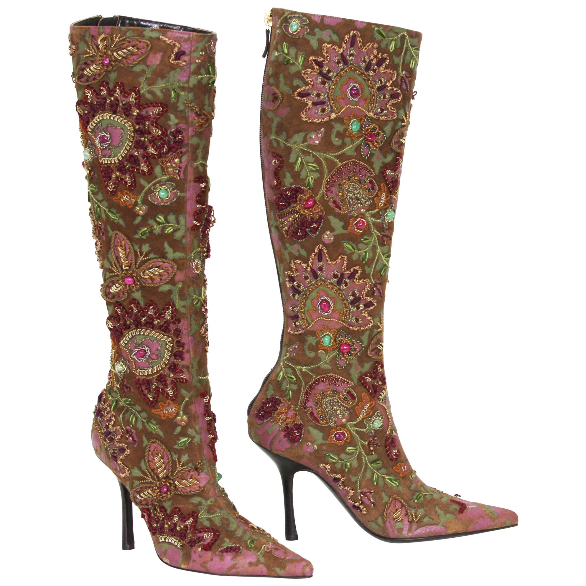 New Oscar De La Renta F/W 2004 Hand Painted Embroidered Boots 36.6 - US 6.5