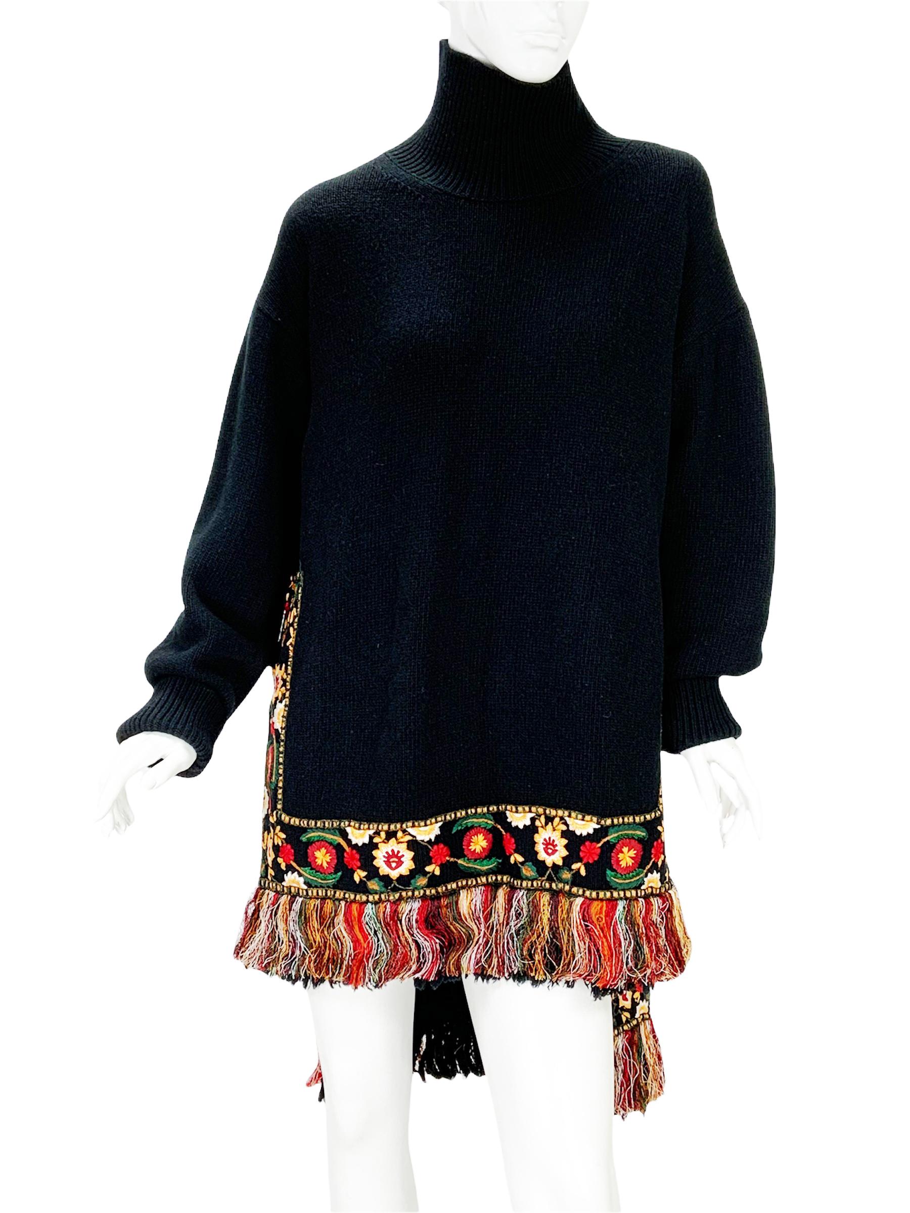 Noir Oscar De La Renta - Pull à franges brodé et perlé noir, taille haute, automne-hiver 2019, état neuf en vente