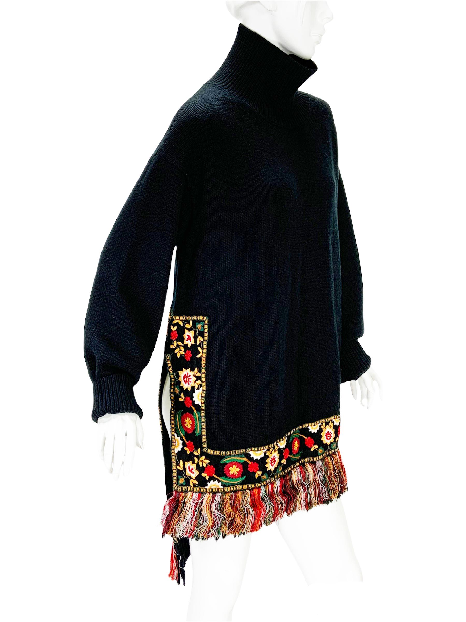 Oscar De La Renta - Pull à franges brodé et perlé noir, taille haute, automne-hiver 2019, état neuf en vente 2