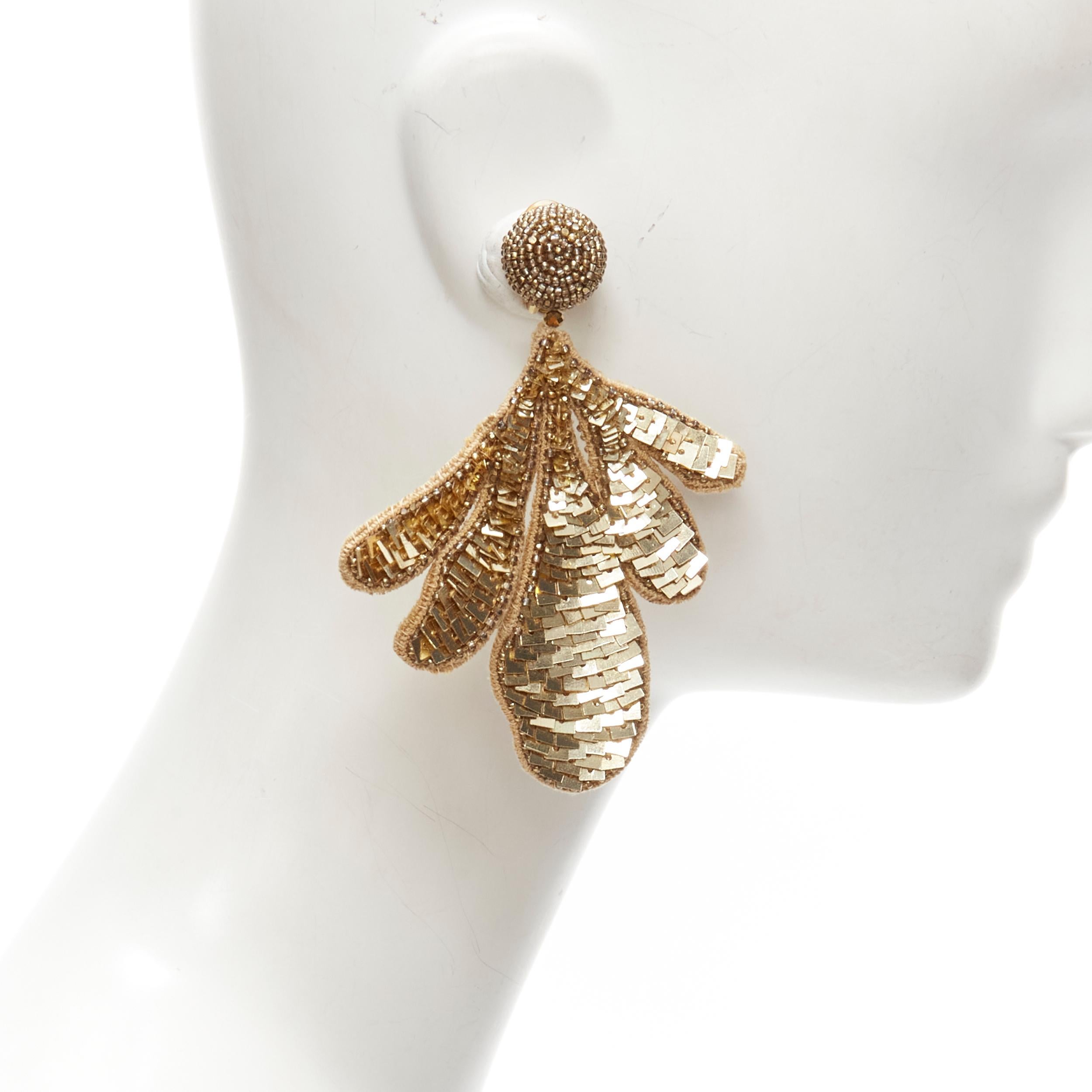 Brown new OSCAR DE LA RENTA gold sequin bead embellished leaf clip on earring