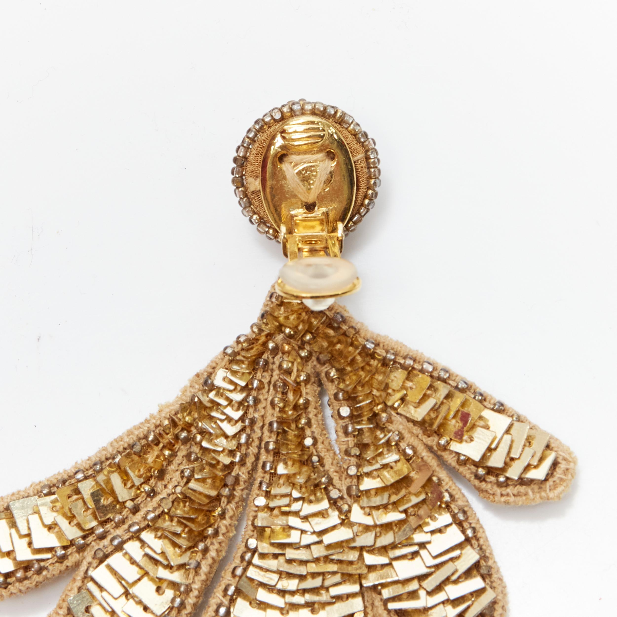 new OSCAR DE LA RENTA gold sequin bead embellished leaf clip on earring For Sale 1
