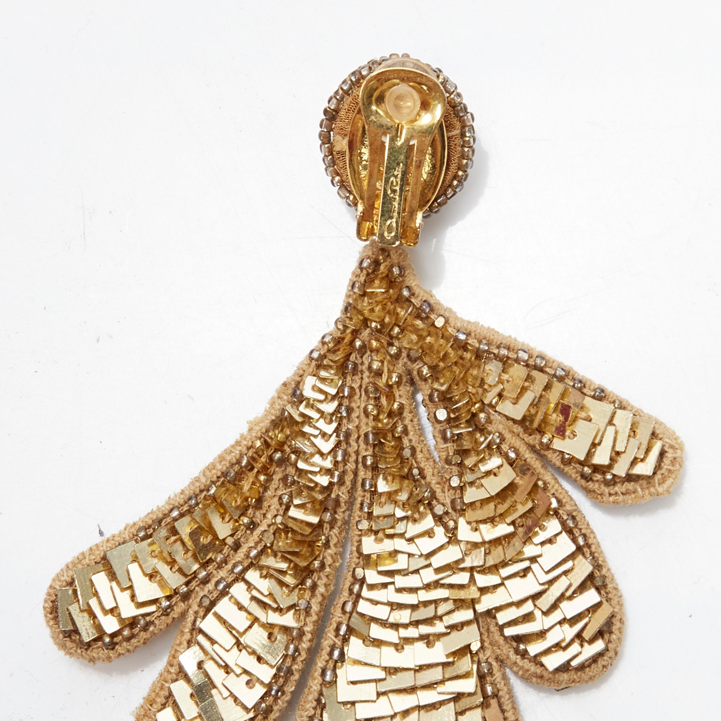 new OSCAR DE LA RENTA gold sequin bead embellished leaf clip on earring 2