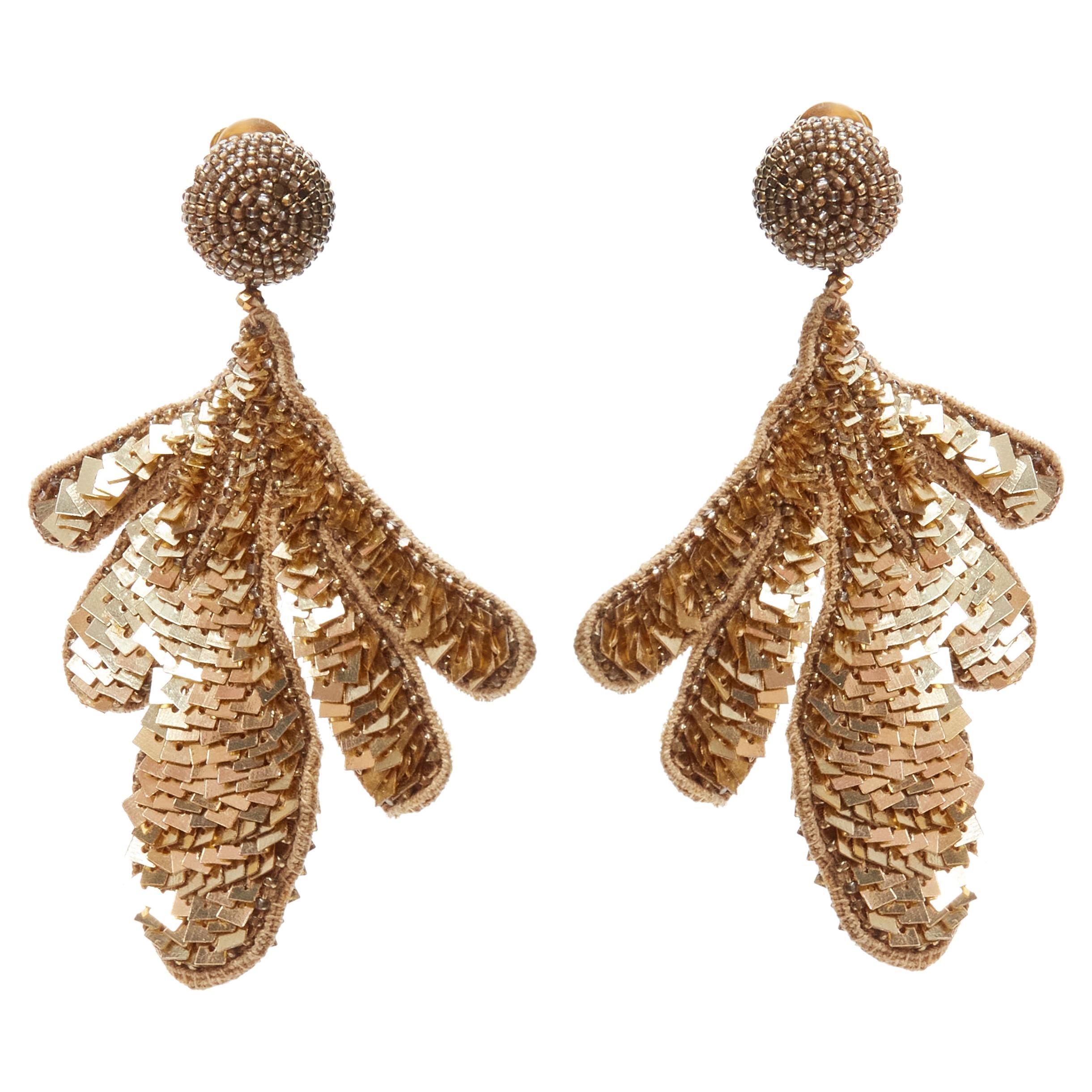 new OSCAR DE LA RENTA gold sequin bead embellished leaf clip on earring For Sale